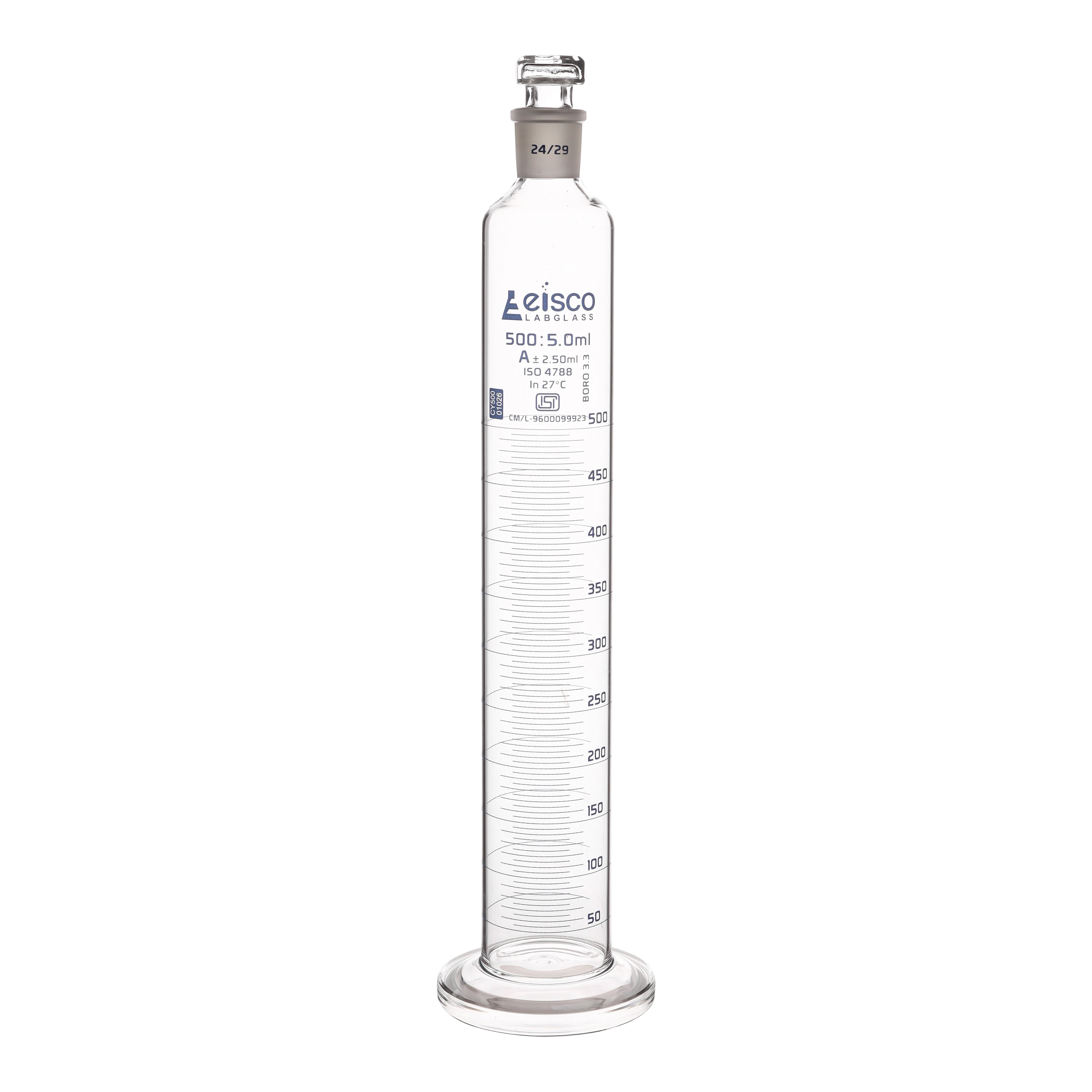 Cylinder Mixing Graduated, cap. 500ml., class 'A', glass round base, complete with interchangeable Glass stopper, borosilicate glass, White Graduation ISI