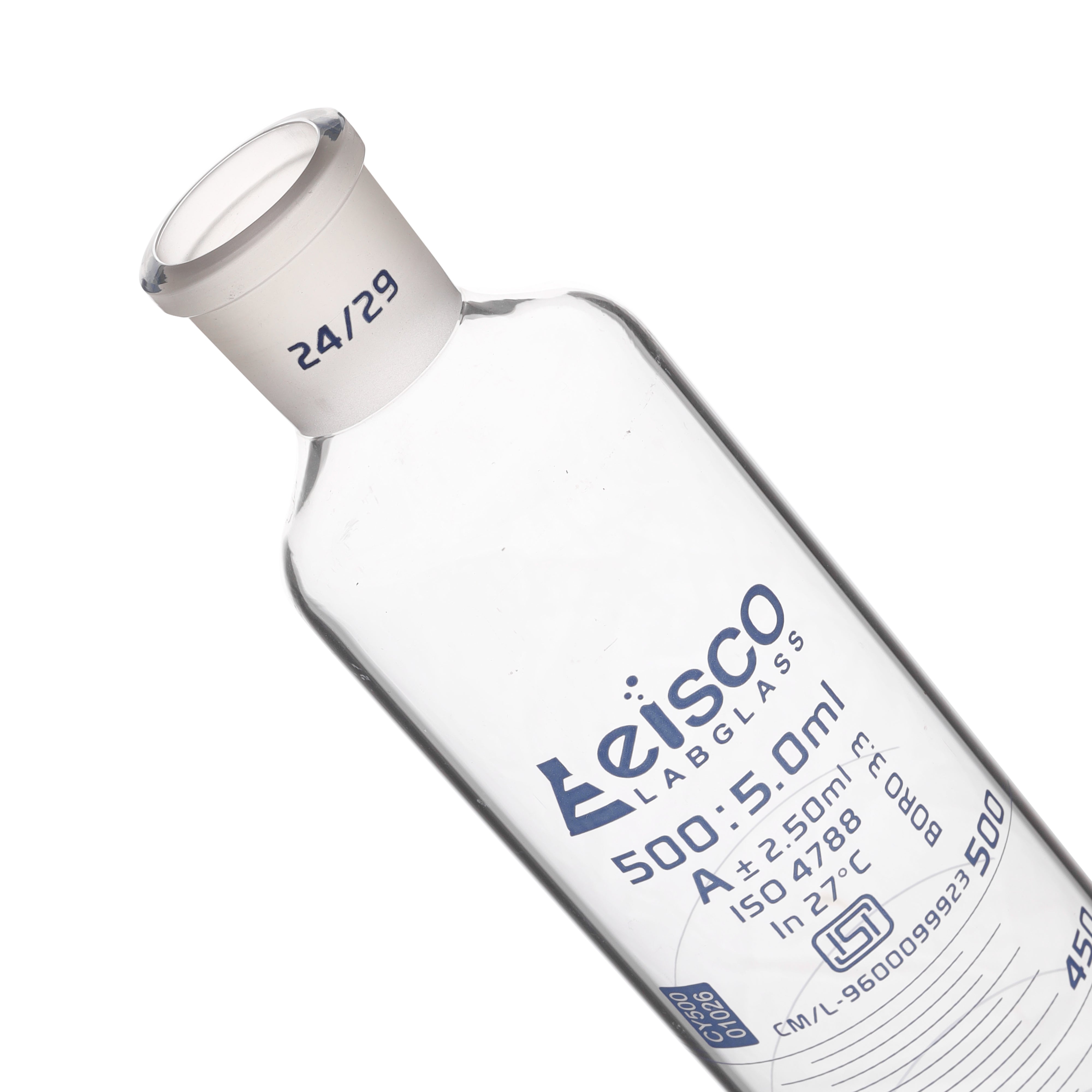 Cylinder Mixing Graduated, cap. 500ml., class 'A', glass round base, complete with interchangeable Glass stopper, borosilicate glass, White Graduation ISI