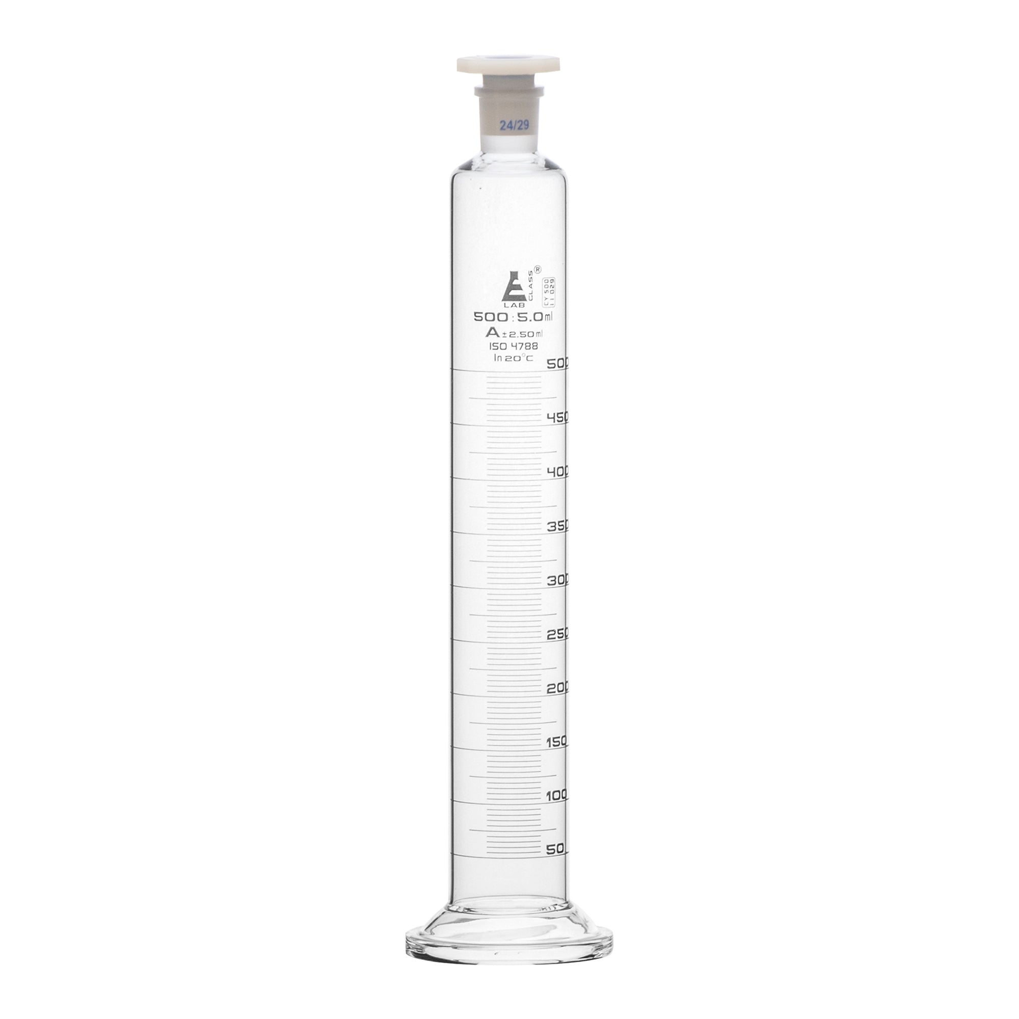 Cylinder Mixing Graduated, cap. 500ml., class 'A', glass round base, complete with interchangeable Glass stopper, borosilicate glass, White Graduation - eiscoindustrial