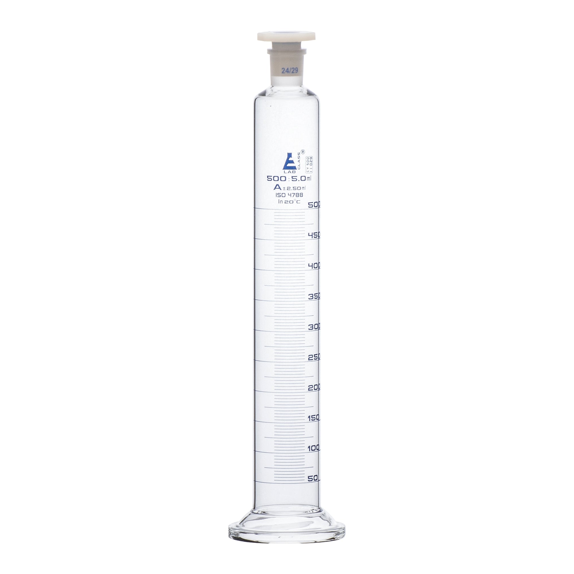 Cylinder Mixing Graduated, cap. 500ml., class 'A', glass round base, complete with interchangeable Glass stopper, borosilicate glass, Blue Graduation - eiscoindustrial