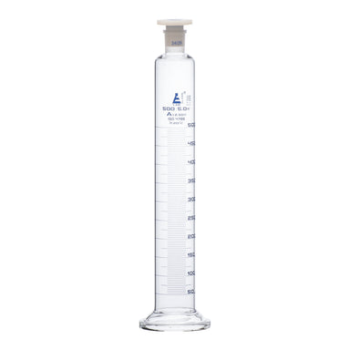 Cylinder Mixing Graduated, cap. 500ml., class 'A', glass round base, complete with interchangeable Glass stopper, borosilicate glass, Blue Graduation - eiscoindustrial