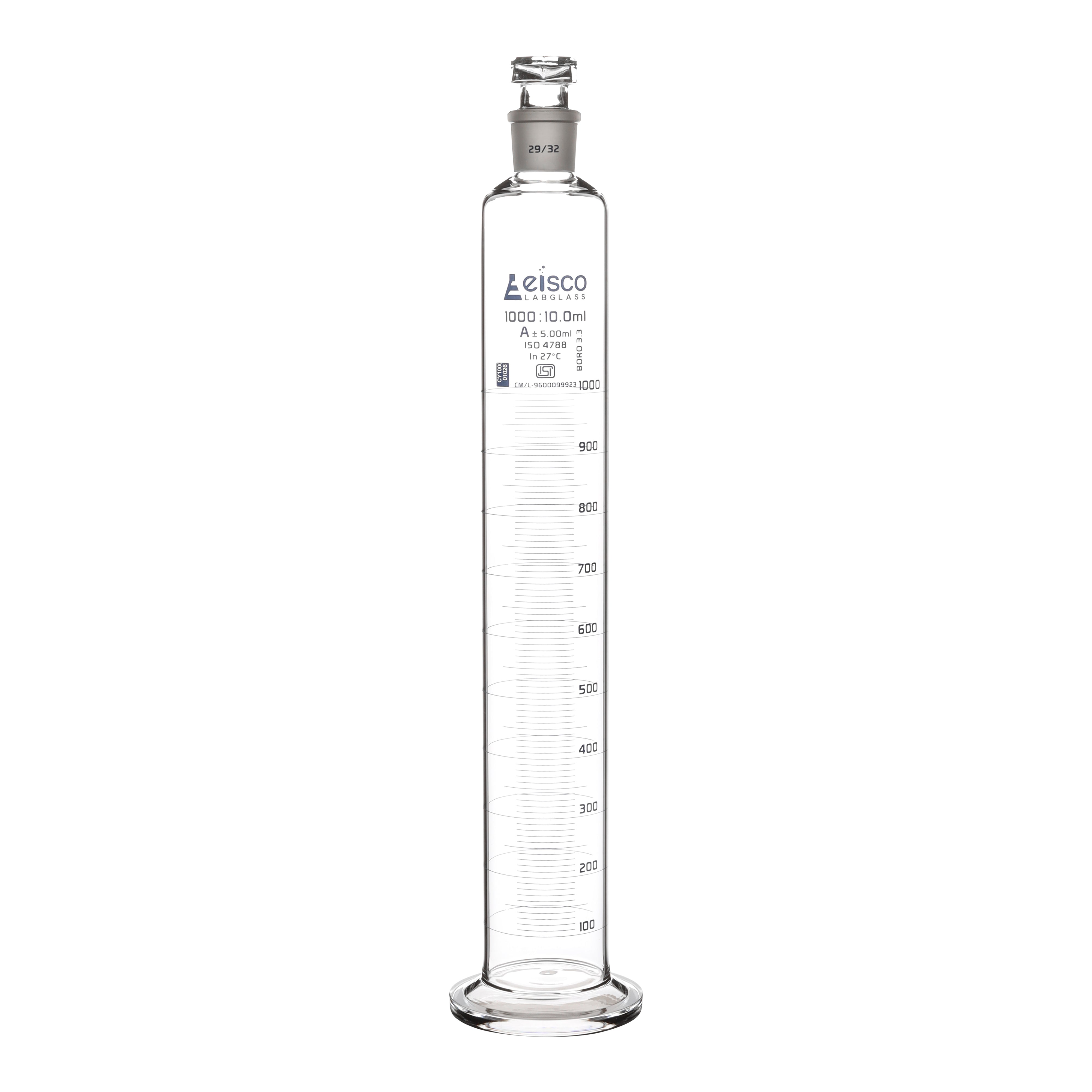 Cylinder Mixing Graduated, cap. 1000ml., class 'A', glass round base, complete with interchangeable Glass stopper, borosilicate glass, Blue Graduation ISI