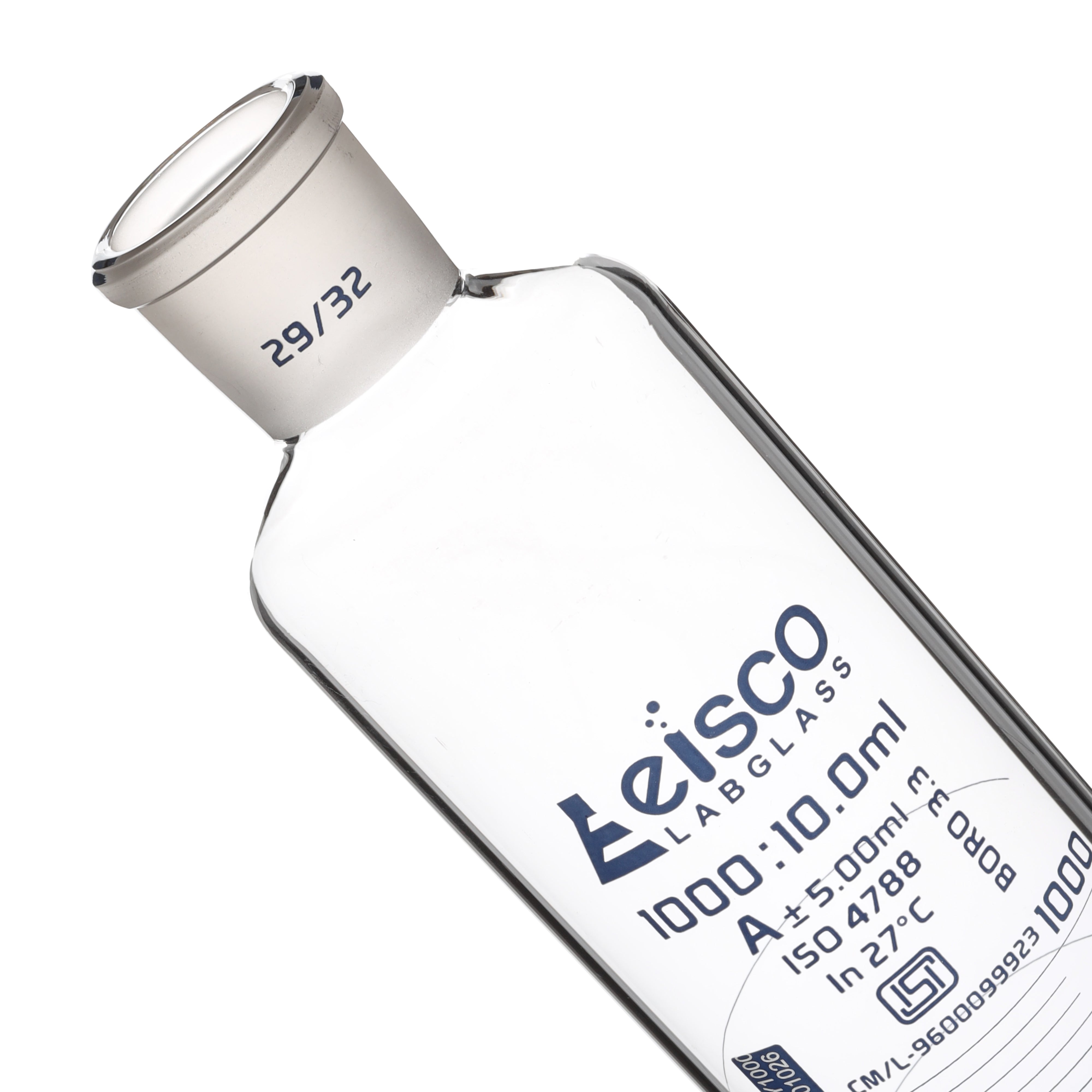 Cylinder Mixing Graduated, cap. 1000ml., class 'A', glass round base, complete with interchangeable Glass stopper, borosilicate glass, Blue Graduation ISI