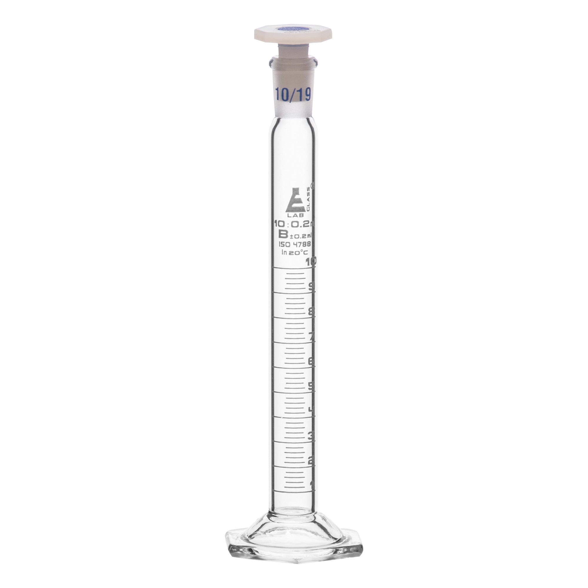 Cylinder Mixing Graduated, cap. 10ml., class 'B', glass hex. base, complete with interchangeable Glass stopper, borosilicate glass, White Graduation - eiscoindustrial