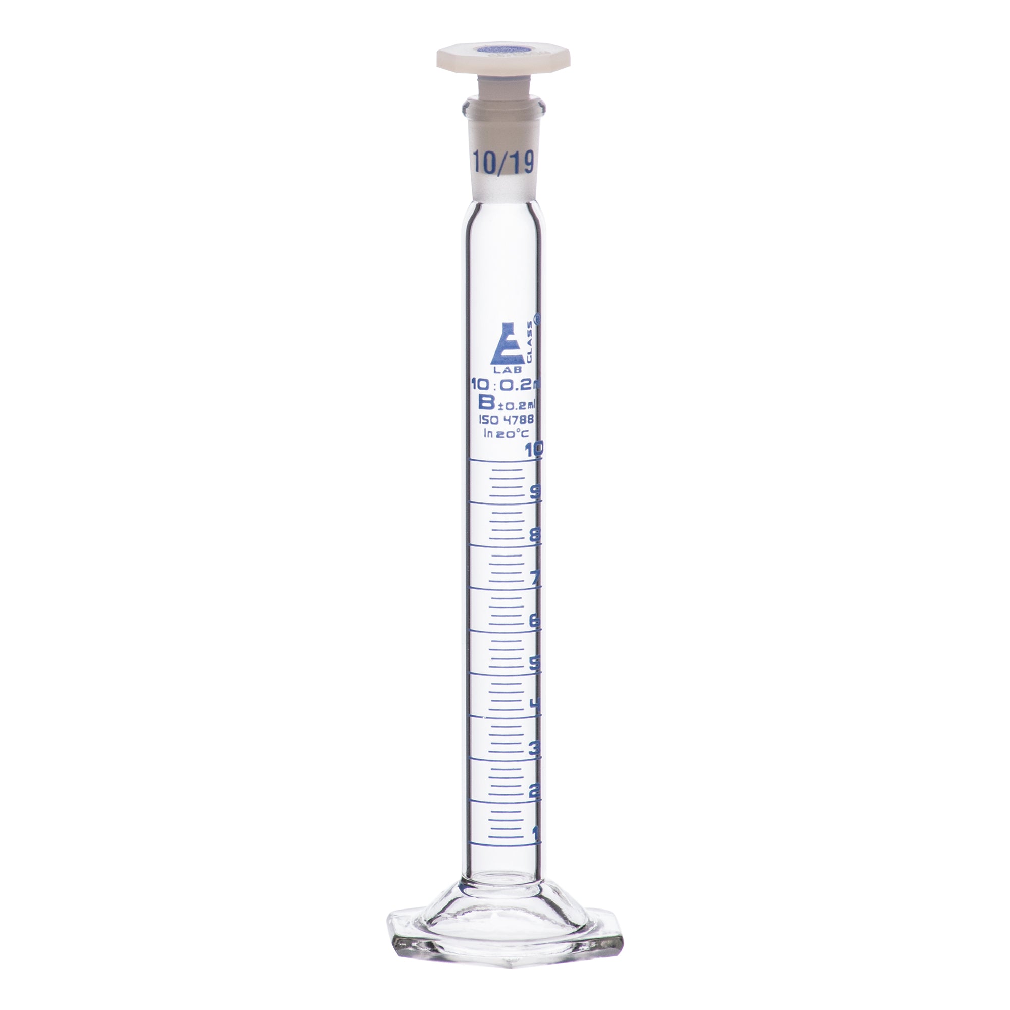 Cylinder Mixing Graduated, cap. 10ml., class 'B', glass hex. base, complete with interchangeable Glass stopper, borosilicate glass, Blue Graduation - eiscoindustrial