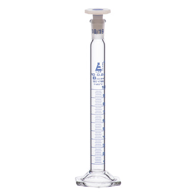 Cylinder Mixing Graduated, cap. 10ml., class 'B', glass hex. base, complete with interchangeable Glass stopper, borosilicate glass, Blue Graduation - eiscoindustrial