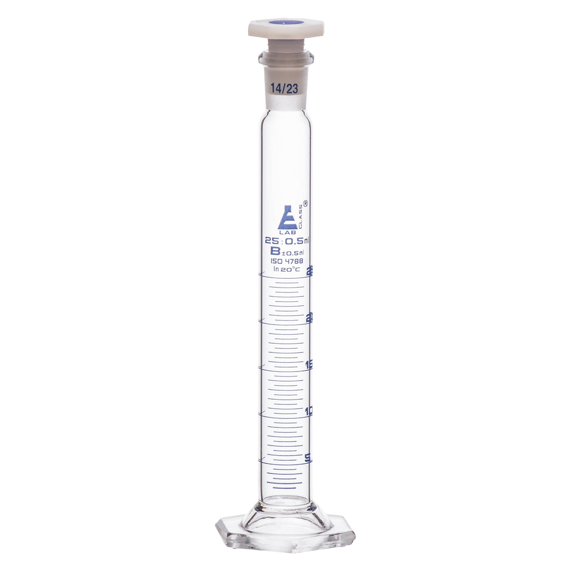 Cylinder Mixing Graduated, cap. 25ml., class 'B', glass hex. base, complete with interchangeable Glass stopper, borosilicate glass, Blue Graduation - eiscoindustrial