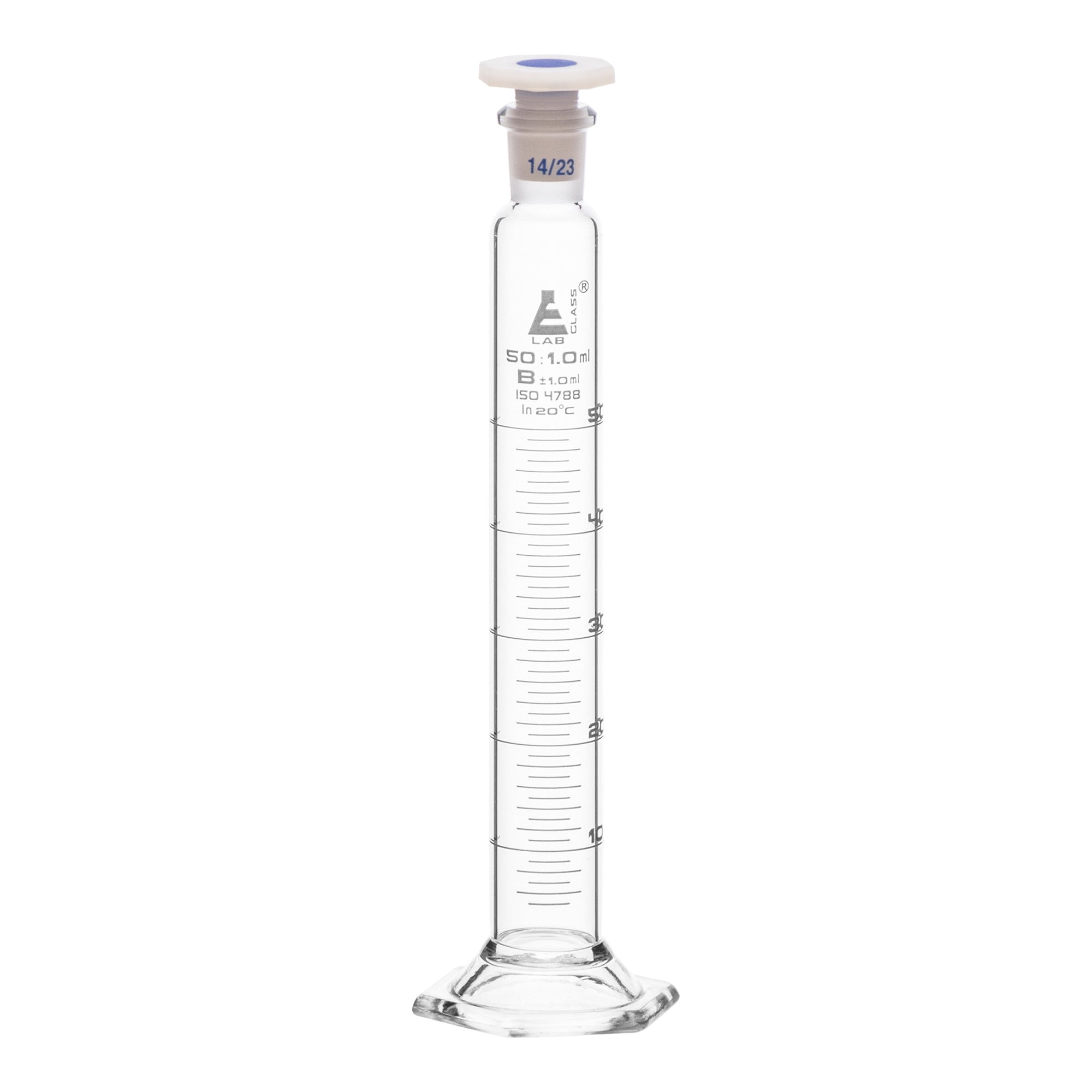 Cylinder Mixing Graduated, cap. 50ml., class 'B', glass hex. base, complete with interchangeable Glass stopper, borosilicate glass, White Graduation - eiscoindustrial