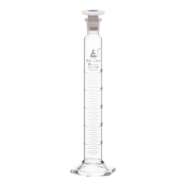 Cylinder Mixing Graduated, cap. 50ml., class 'B', glass hex. base, complete with interchangeable Glass stopper, borosilicate glass, White Graduation - eiscoindustrial