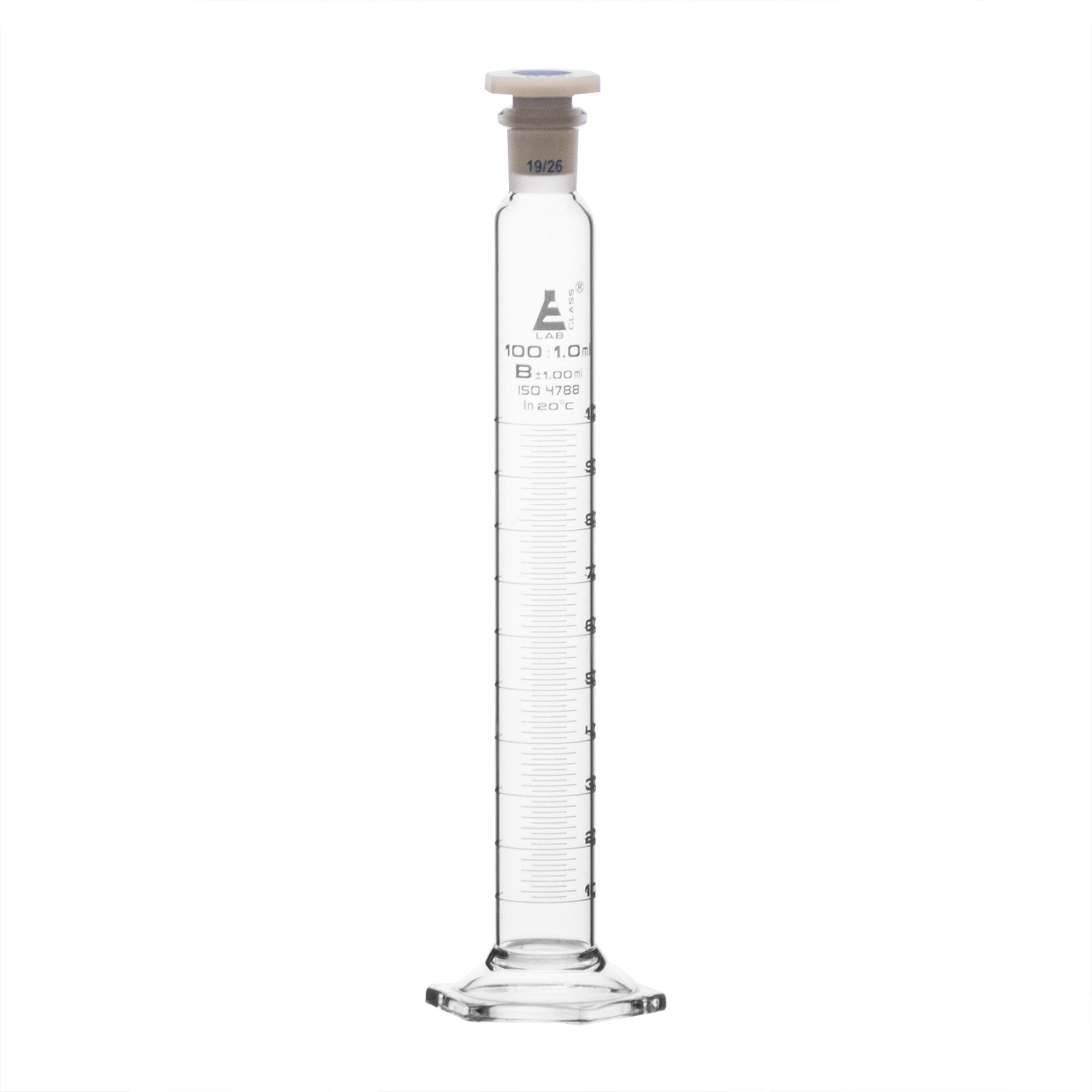 Cylinder Mixing Graduated, cap. 100ml., class 'B', glass hex. base, complete with interchangeable Glass stopper, borosilicate glass, White Graduation - eiscoindustrial