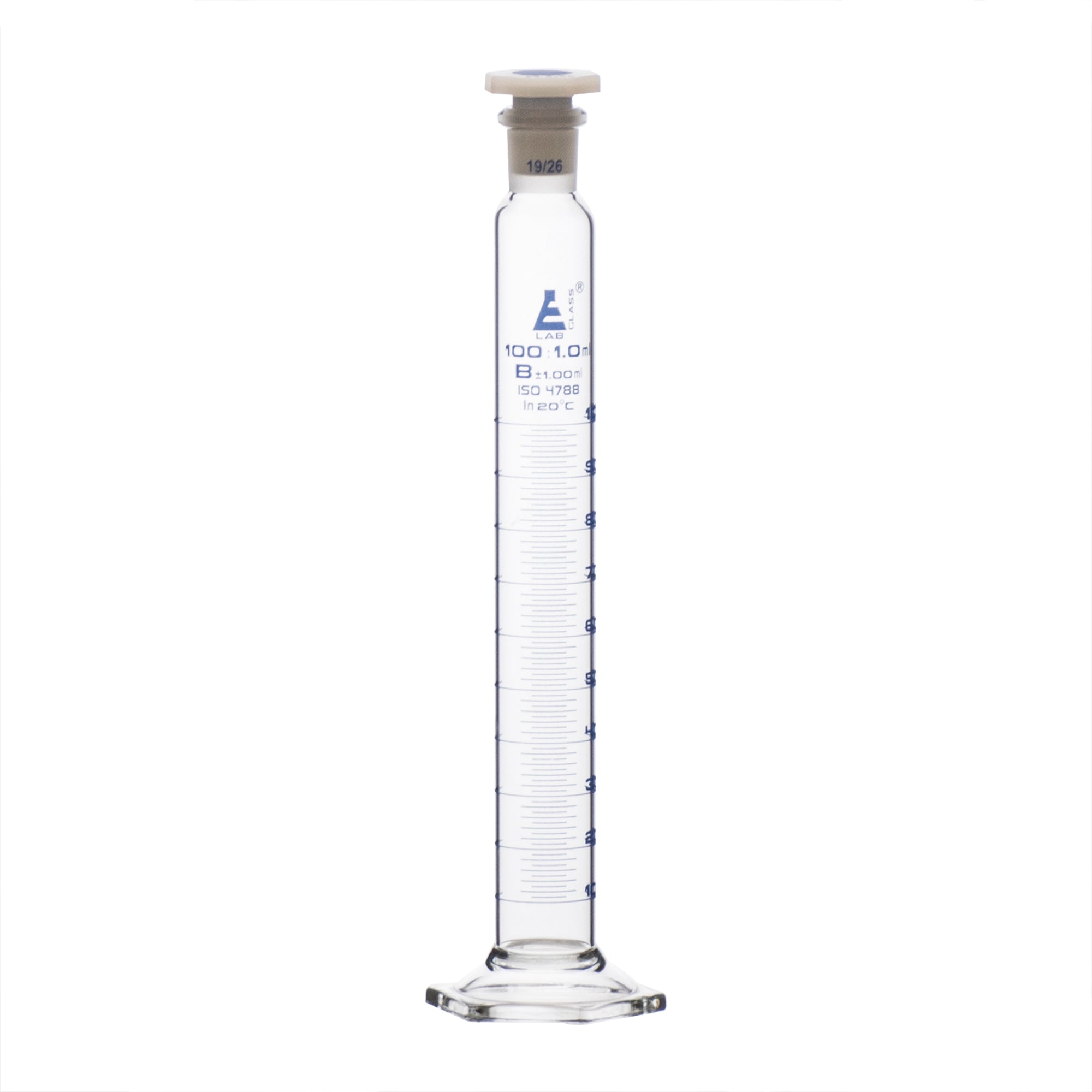 Cylinder Mixing Graduated, cap. 100ml., class 'B', glass hex. base, complete with interchangeable Glass stopper, borosilicate glass, Blue Graduation - eiscoindustrial