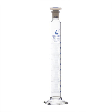 Cylinder Mixing Graduated, cap. 100ml., class 'B', glass hex. base, complete with interchangeable Glass stopper, borosilicate glass, Blue Graduation - eiscoindustrial