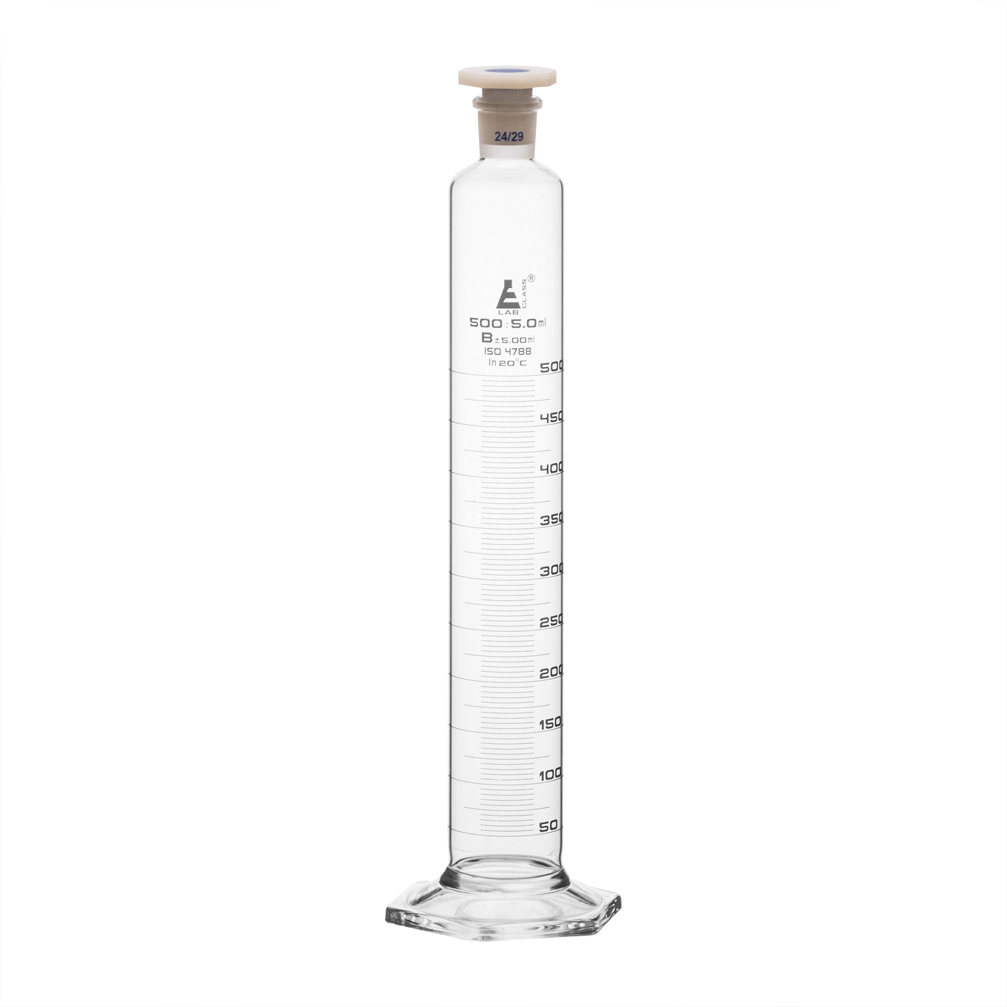 Cylinder Mixing Graduated, cap. 500ml., class 'B', glass hex. base, complete with interchangeable Glass stopper, borosilicate glass, White Graduation - eiscoindustrial