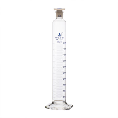 Cylinder Mixing Graduated, cap. 500ml., class 'B', glass hex. base, complete with interchangeable Glass stopper, borosilicate glass, Blue Graduation - eiscoindustrial