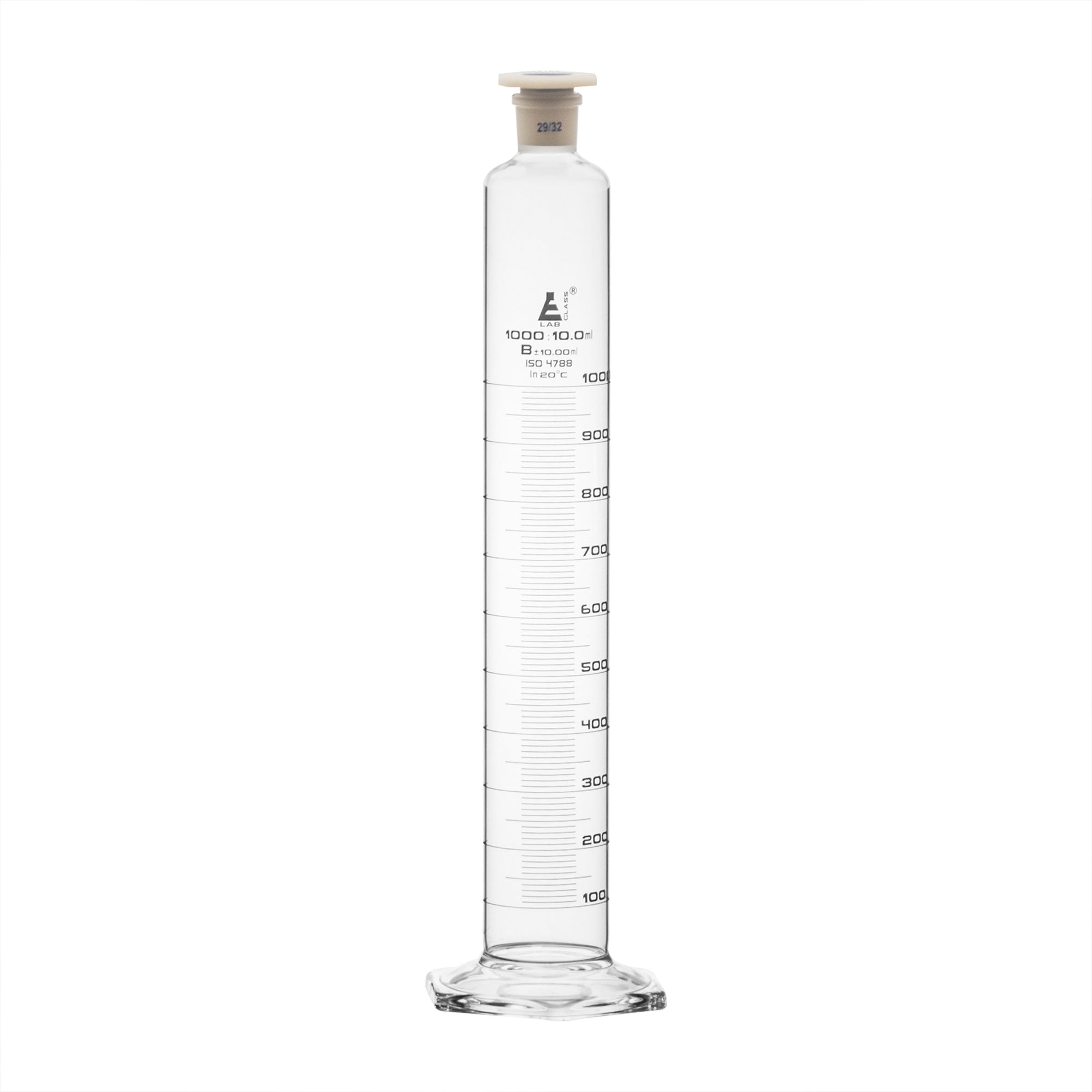 Cylinder Mixing Graduated, cap. 1000ml., class 'B', glass hex. base, complete with interchangeable Glass stopper, borosilicate glass, White Graduation - eiscoindustrial