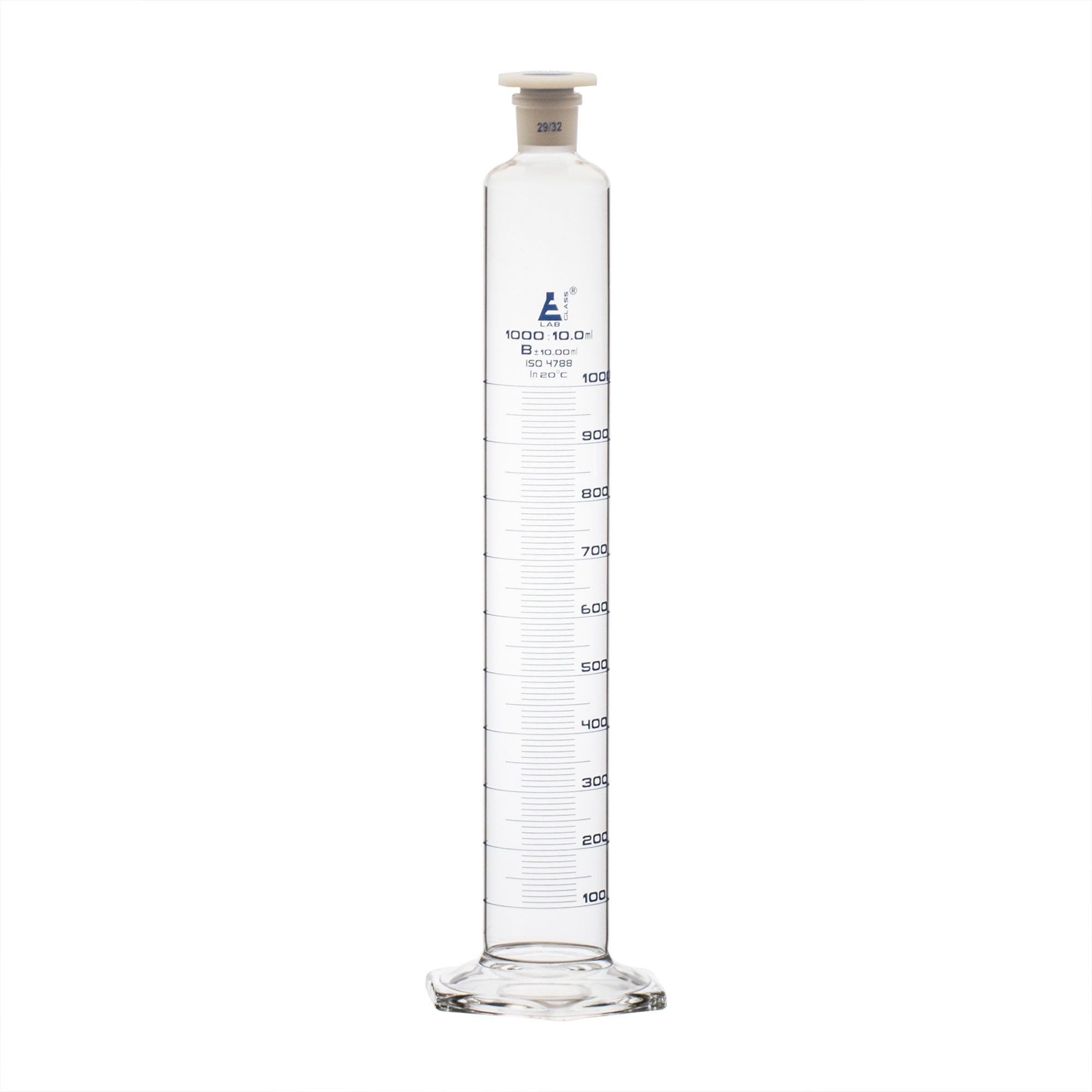 Cylinder Mixing Graduated, cap. 1000ml., class 'B', glass hex. base, complete with interchangeable Glass stopper, borosilicate glass, Blue Graduation - eiscoindustrial