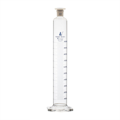 Cylinder Mixing Graduated, cap. 1000ml., class 'B', glass hex. base, complete with interchangeable Glass stopper, borosilicate glass, Blue Graduation - eiscoindustrial