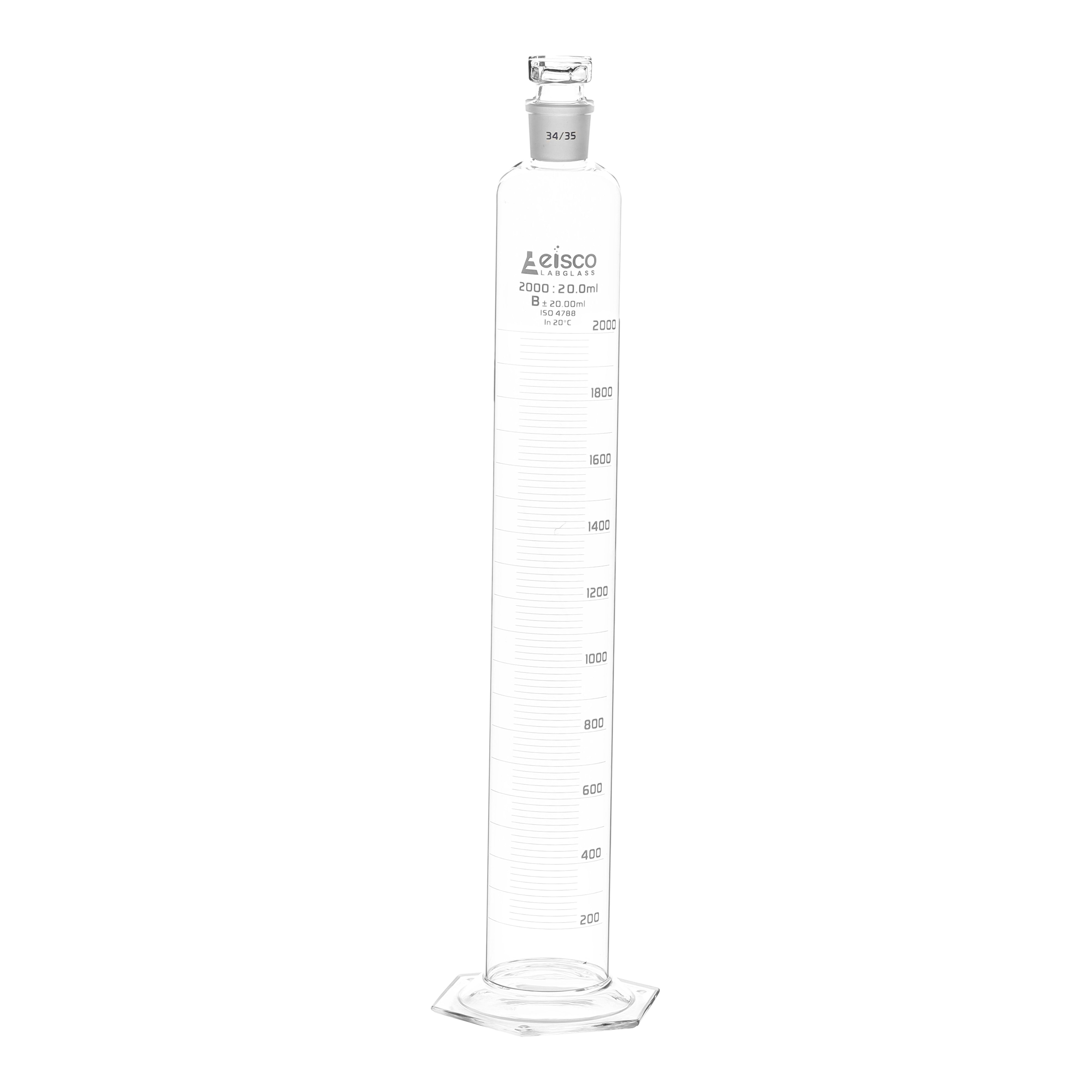 Cylinder Mixing Graduated, cap. 2000ml., class 'B', glass hex. base, complete with interchangeable Glass stopper, borosilicate glass, White Graduation - eiscoindustrial