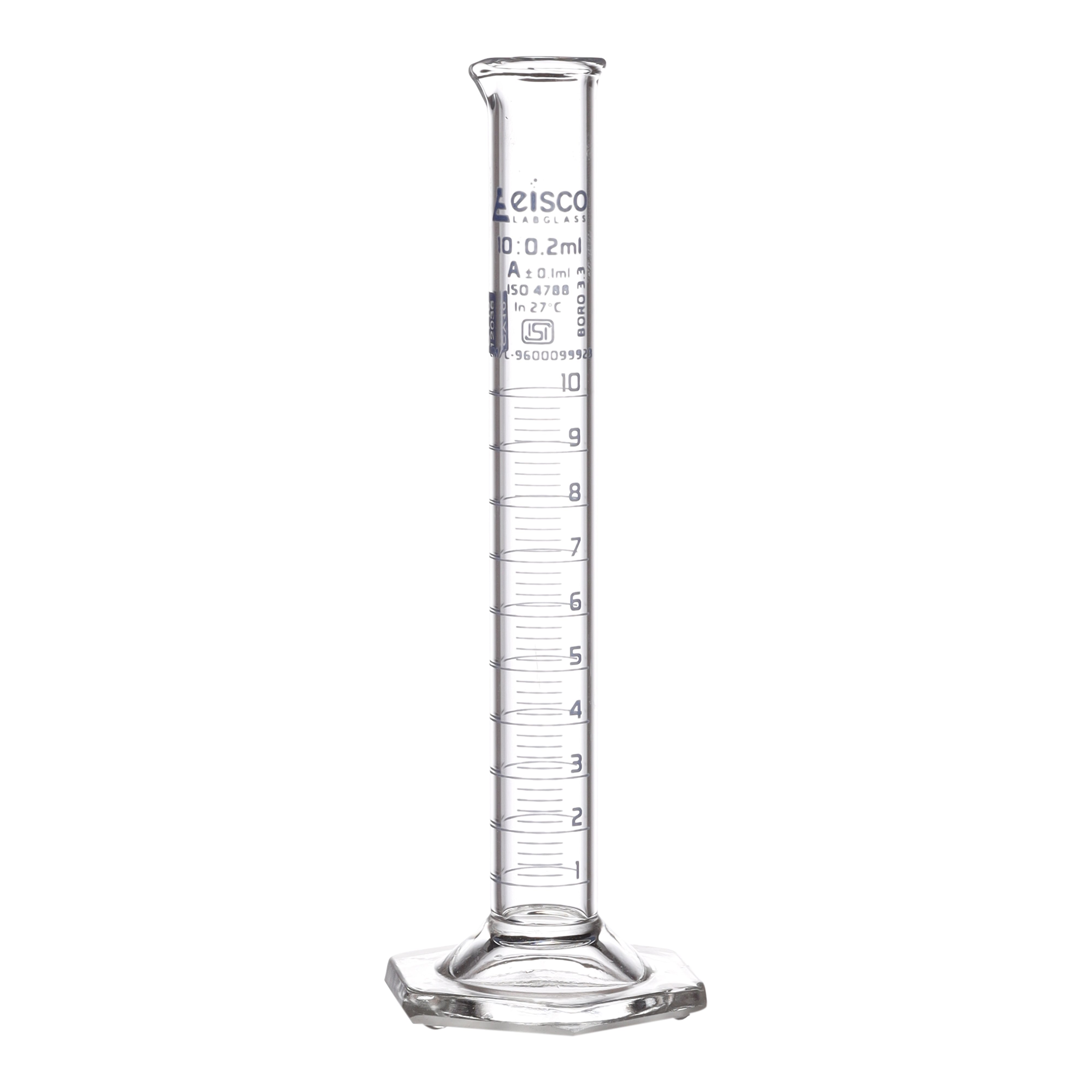 Cylinder Mixing Graduated, cap. 10ml., class 'A', glass hex. base, complete with interchangeable Glass stopper, borosilicate glass, Blue Graduation ISI