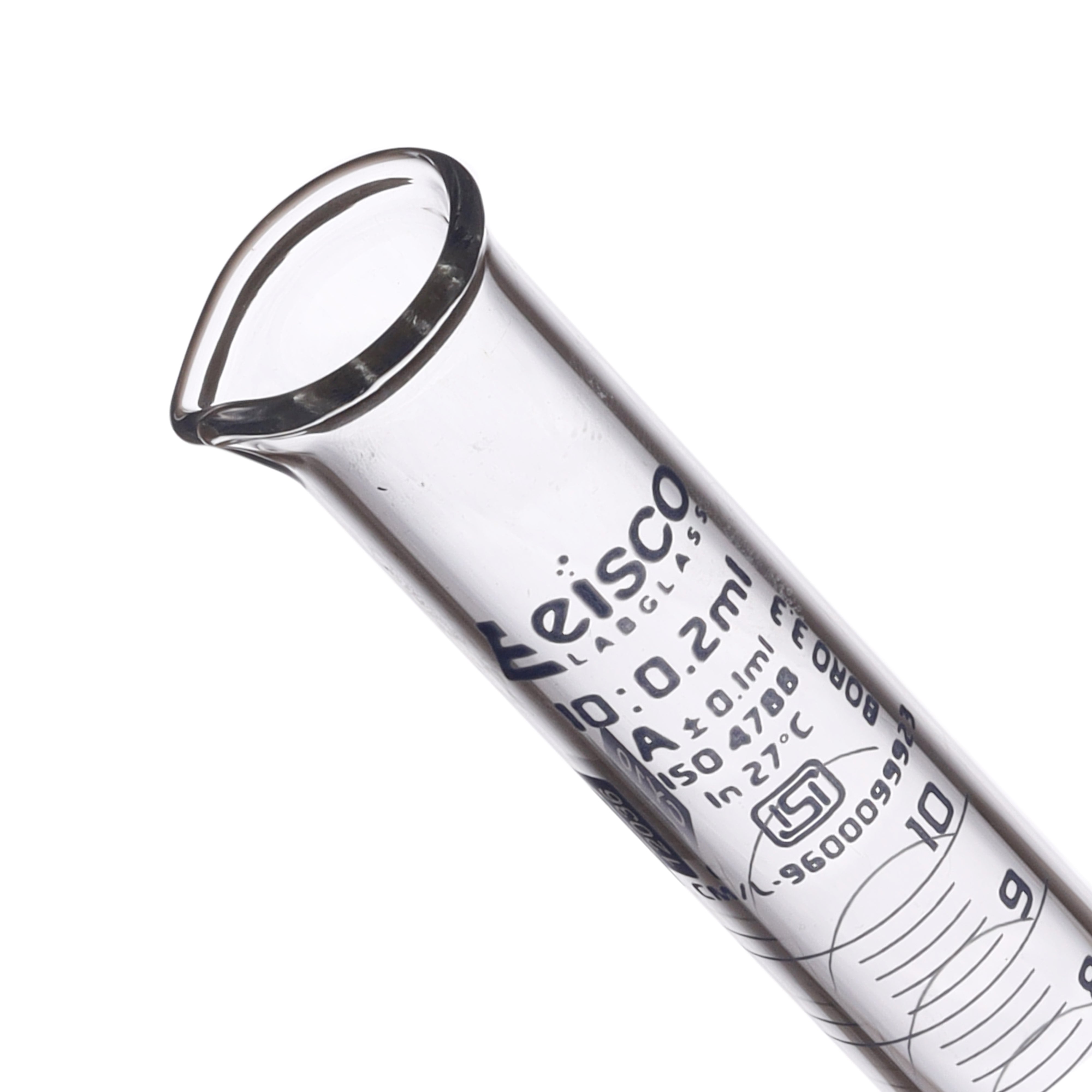 Cylinder Mixing Graduated, cap. 10ml., class 'A', glass hex. base, complete with interchangeable Glass stopper, borosilicate glass, Blue Graduation ISI