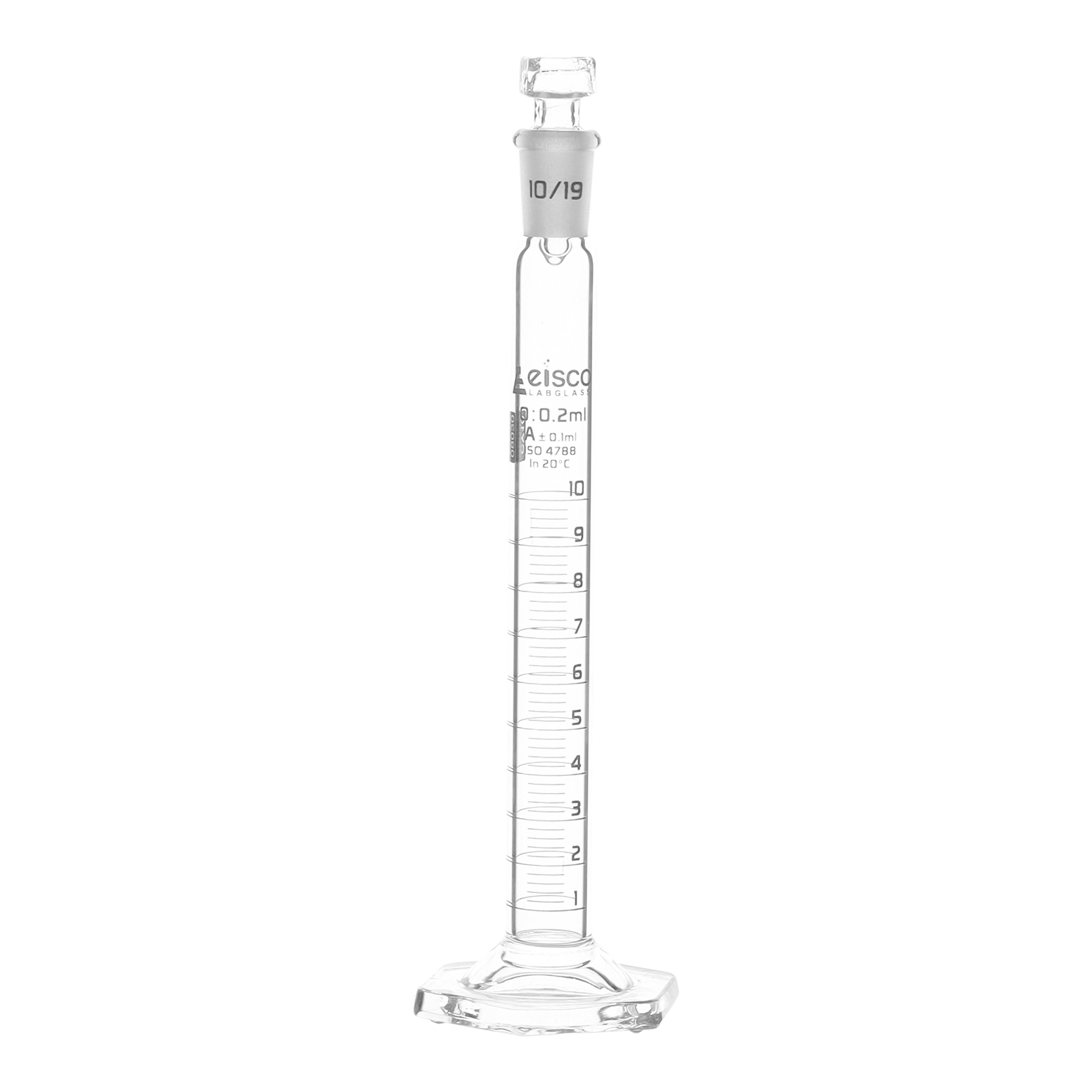 Cylinder Mixing Graduated, cap. 10ml., class 'A', glass hex. base, complete with interchangeable Glass stopper, borosilicate glass, White Graduation - eiscoindustrial