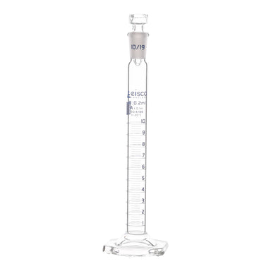 Cylinder Mixing Graduated, cap. 10ml., class 'A', glass hex. base, complete with interchangeable Glass stopper, borosilicate glass, Blue Graduation - eiscoindustrial