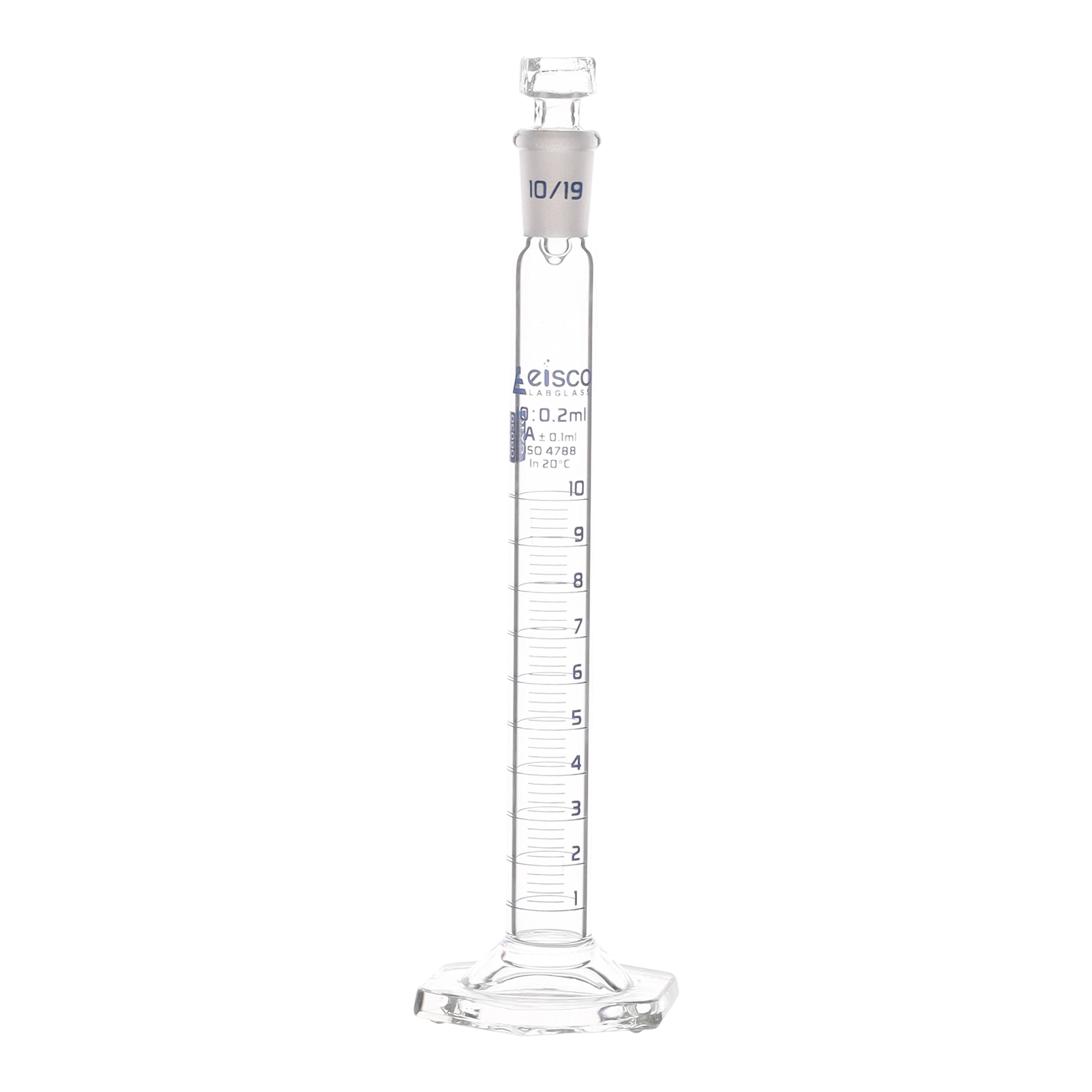 Cylinder Mixing Graduated, cap. 10ml., class 'A', glass hex. base, complete with interchangeable Glass stopper, borosilicate glass, Blue Graduation - eiscoindustrial