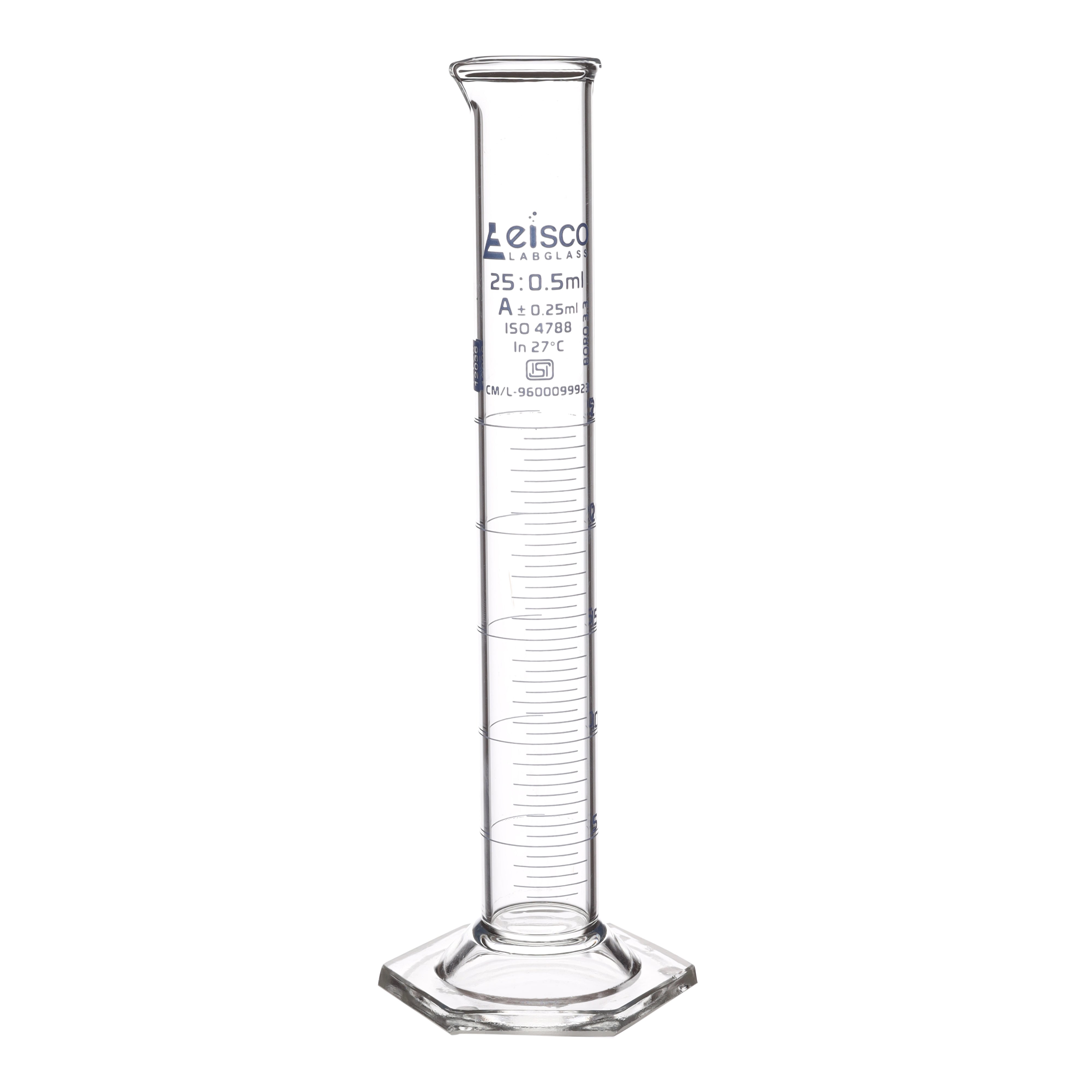 Cylinder Mixing Graduated, cap. 25ml., class 'A', glass hex. base, complete with interchangeable Glass stopper, borosilicate glass, Blue Graduation ISI