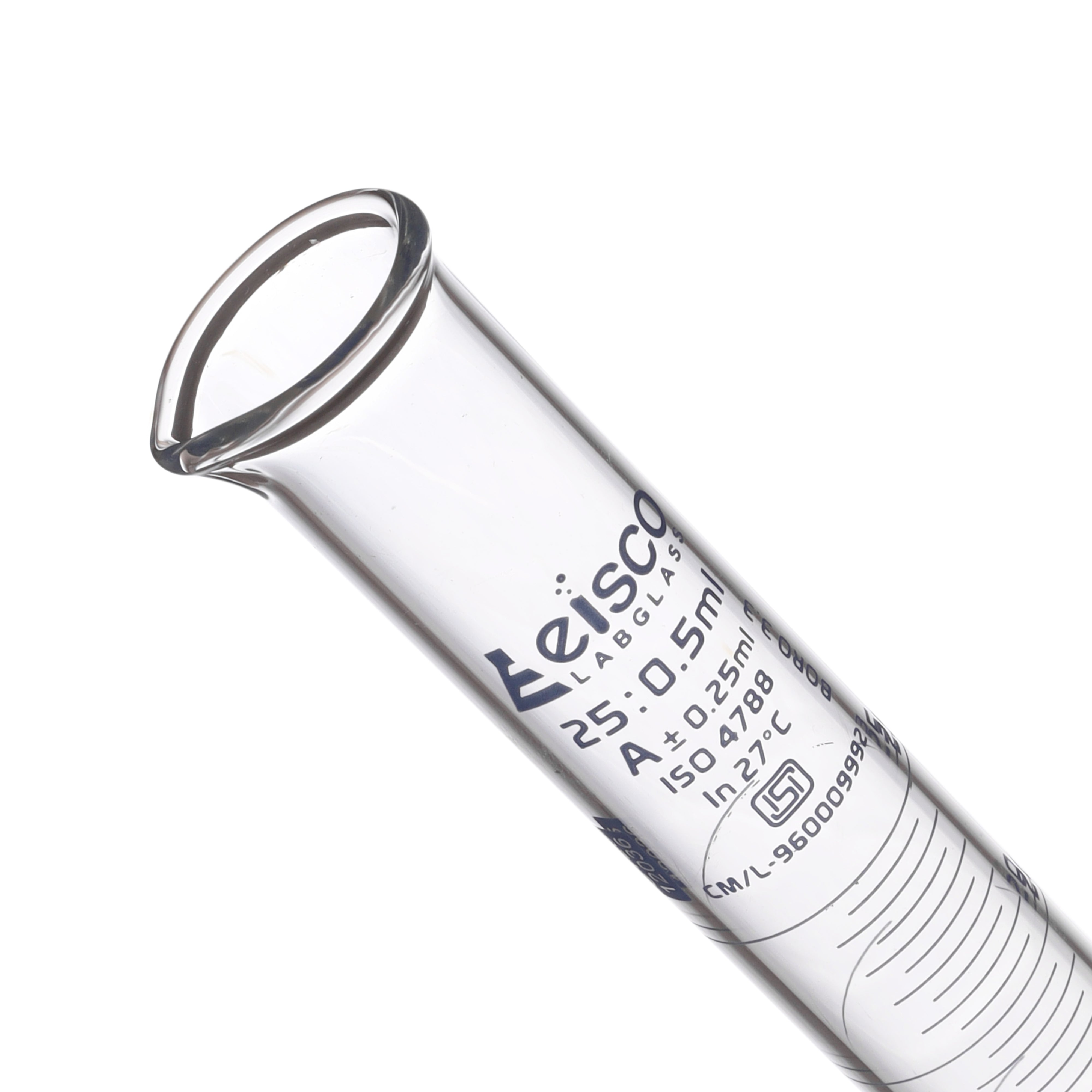 Cylinder Mixing Graduated, cap. 25ml., class 'A', glass hex. base, complete with interchangeable Glass stopper, borosilicate glass, Blue Graduation ISI