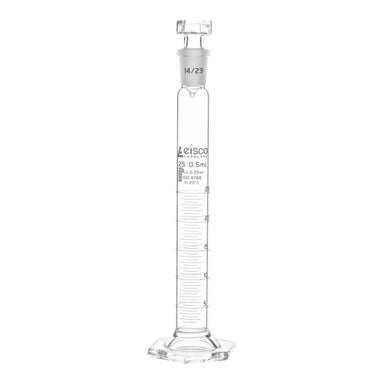 Cylinder Mixing Graduated, cap. 25ml., class 'A', glass hex. base, complete with interchangeable Glass stopper, borosilicate glass, White Graduation - eiscoindustrial