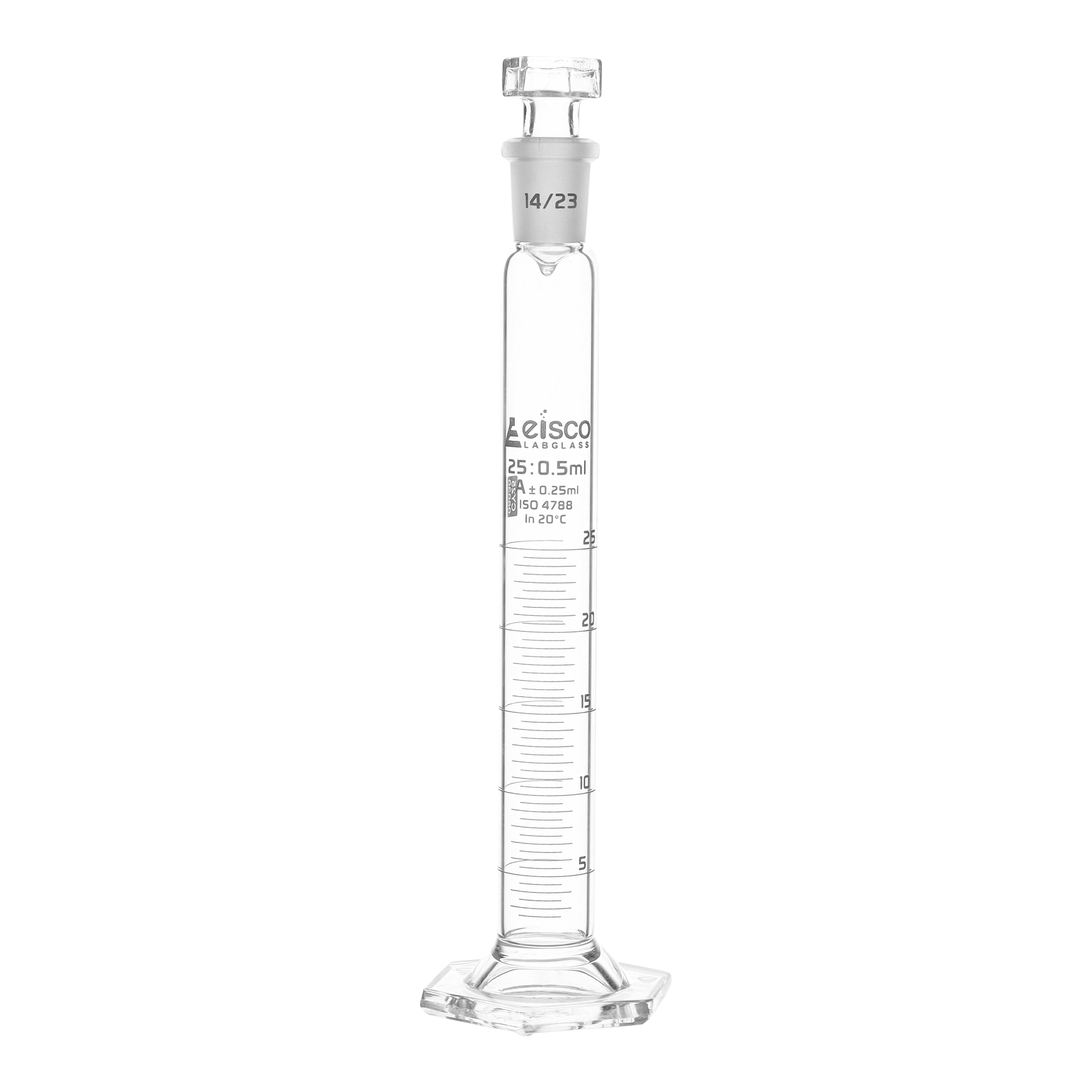 Cylinder Mixing Graduated, cap. 25ml., class 'A', glass hex. base, complete with interchangeable Glass stopper, borosilicate glass, White Graduation - eiscoindustrial