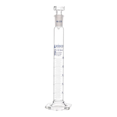 Cylinder Mixing Graduated, cap. 25ml., class 'A', glass hex. base, complete with interchangeable Glass stopper, borosilicate glass, Blue Graduation - eiscoindustrial