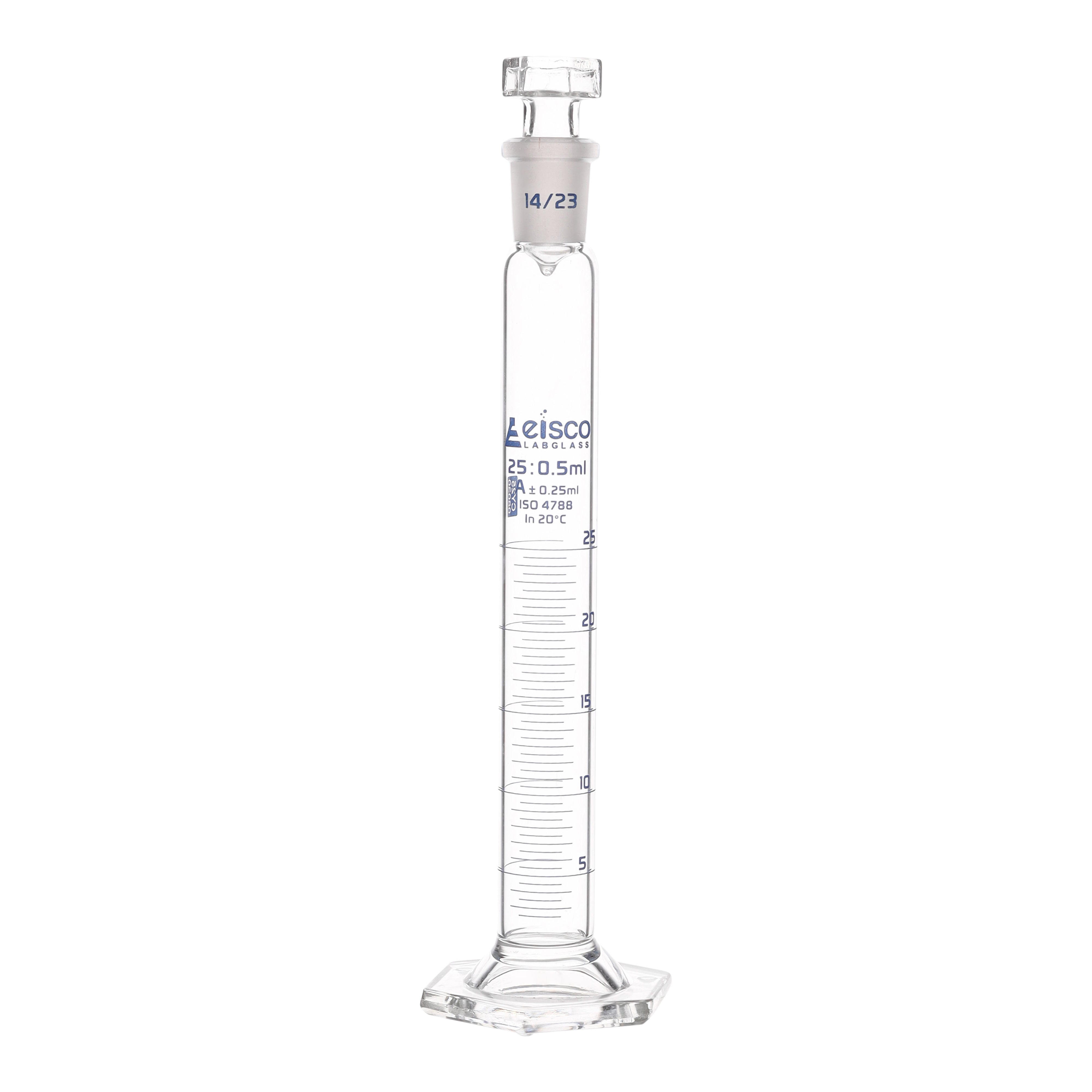 Cylinder Mixing Graduated, cap. 25ml., class 'A', glass hex. base, complete with interchangeable Glass stopper, borosilicate glass, Blue Graduation - eiscoindustrial