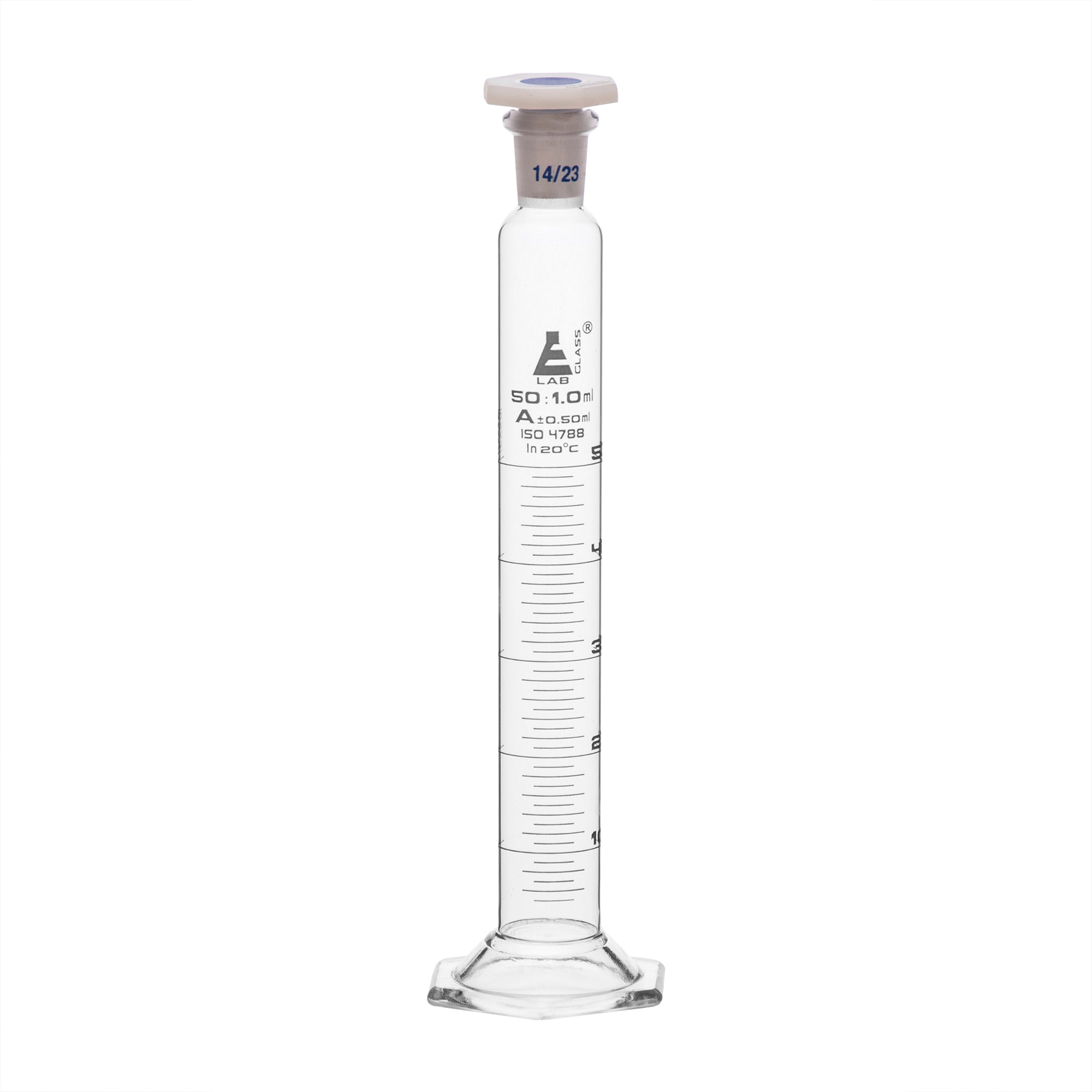 Cylinder Mixing Graduated, cap. 50ml., class 'A', glass hex. base, complete with interchangeable Glass stopper, borosilicate glass, White Graduation - eiscoindustrial