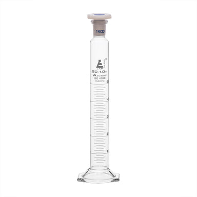 Cylinder Mixing Graduated, cap. 50ml., class 'A', glass hex. base, complete with interchangeable Glass stopper, borosilicate glass, White Graduation - eiscoindustrial