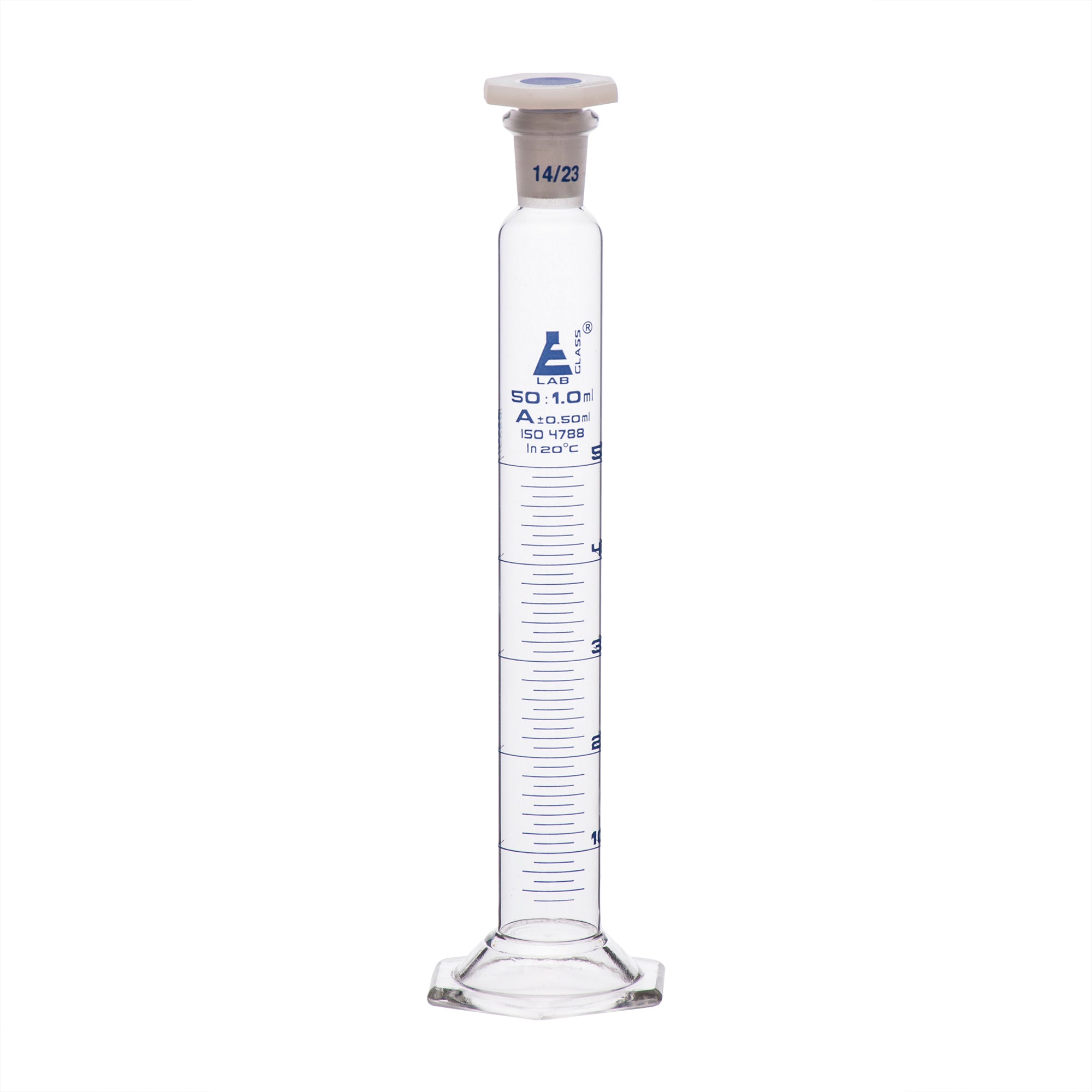 Cylinder Mixing Graduated, cap. 50ml., class 'A', glass hex. base, complete with interchangeable Glass stopper, borosilicate glass, Blue Graduation - eiscoindustrial