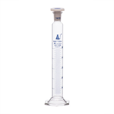 Cylinder Mixing Graduated, cap. 50ml., class 'A', glass hex. base, complete with interchangeable Glass stopper, borosilicate glass, Blue Graduation - eiscoindustrial