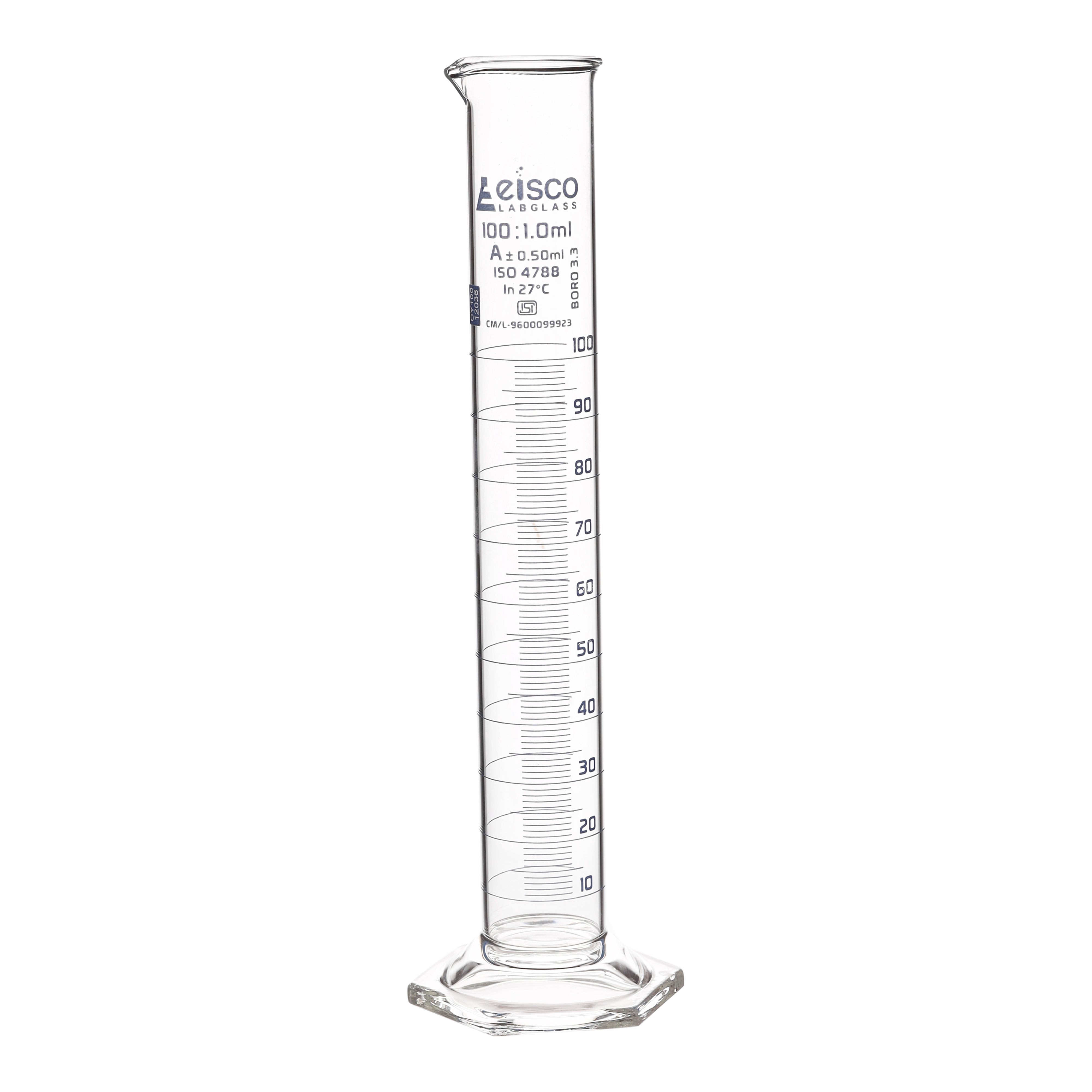 Cylinder Mixing Graduated, cap. 100ml., class 'A', glass hex. base, complete with interchangeable Glass stopper, borosilicate glass, Blue Graduation ISI