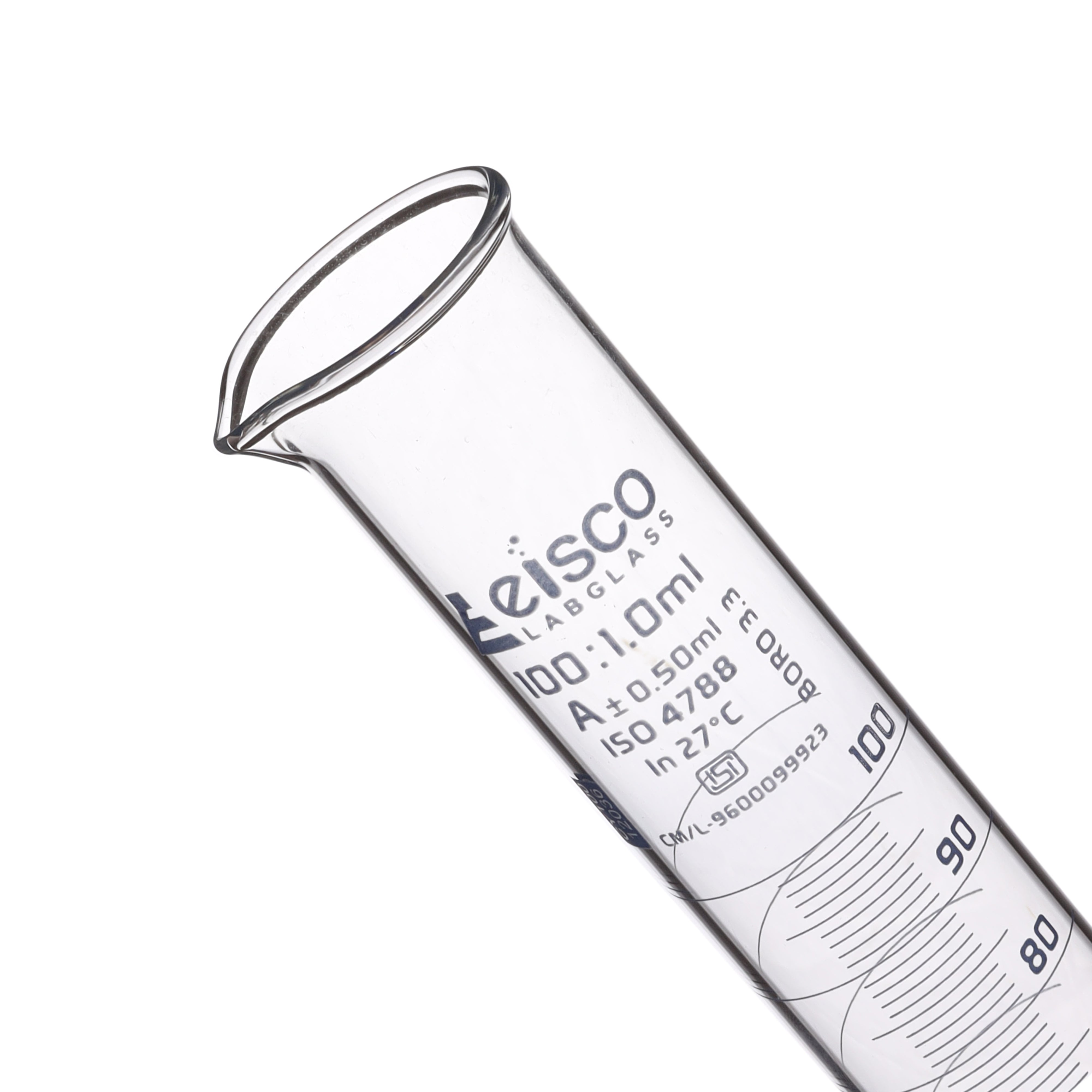 Cylinder Mixing Graduated, cap. 100ml., class 'A', glass hex. base, complete with interchangeable Glass stopper, borosilicate glass, Blue Graduation ISI