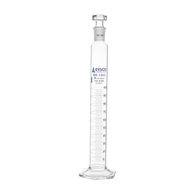 Cylinder Mixing Graduated, cap. 100ml., class 'A', glass hex. base, complete with interchangeable Glass stopper, borosilicate glass, Blue Graduation - eiscoindustrial