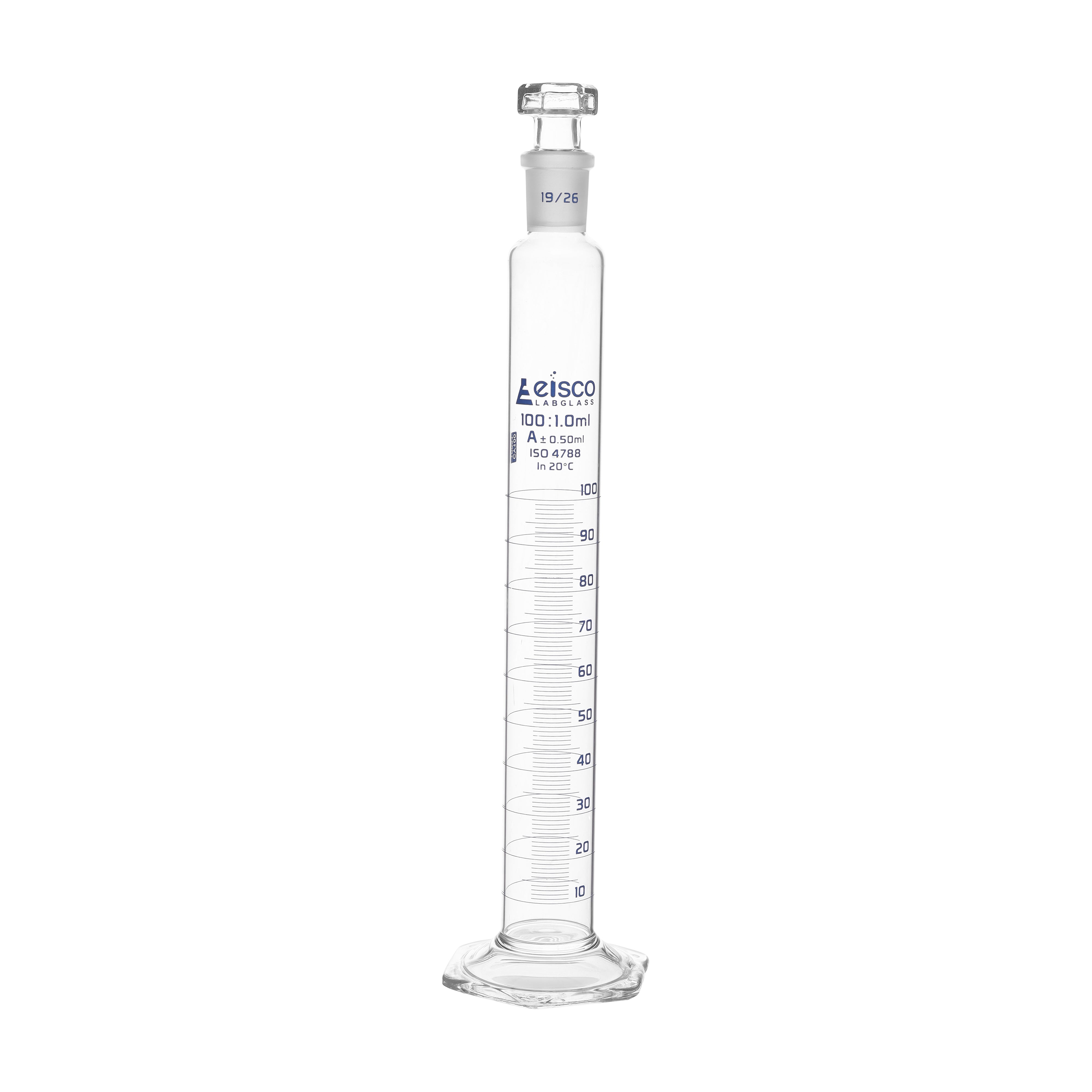 Cylinder Mixing Graduated, cap. 100ml., class 'A', glass hex. base, complete with interchangeable Glass stopper, borosilicate glass, Blue Graduation - eiscoindustrial