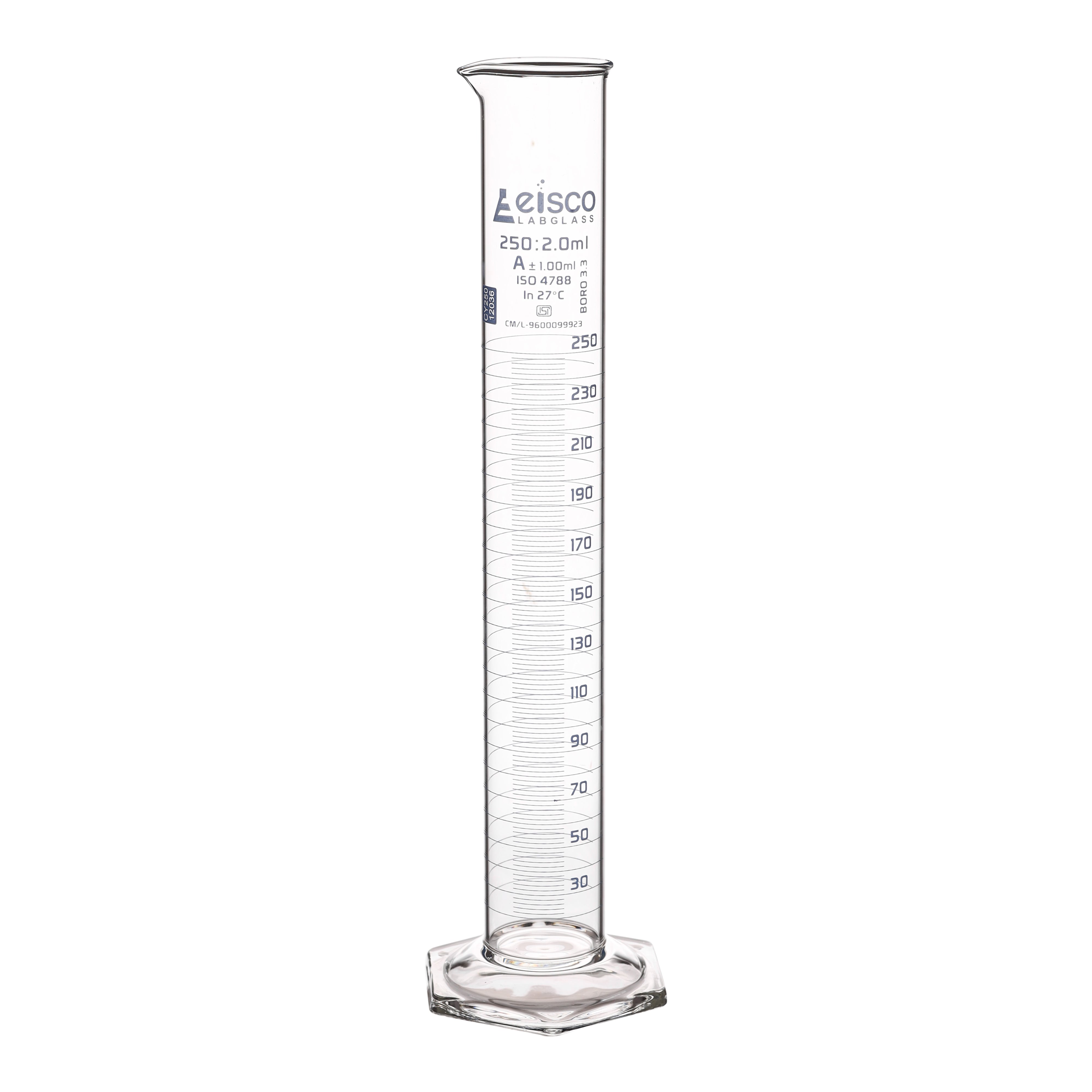 Cylinder Mixing Graduated, cap. 250ml., class 'A', glass hex. base, complete with interchangeable Glass stopper, borosilicate glass, White Graduation ISI