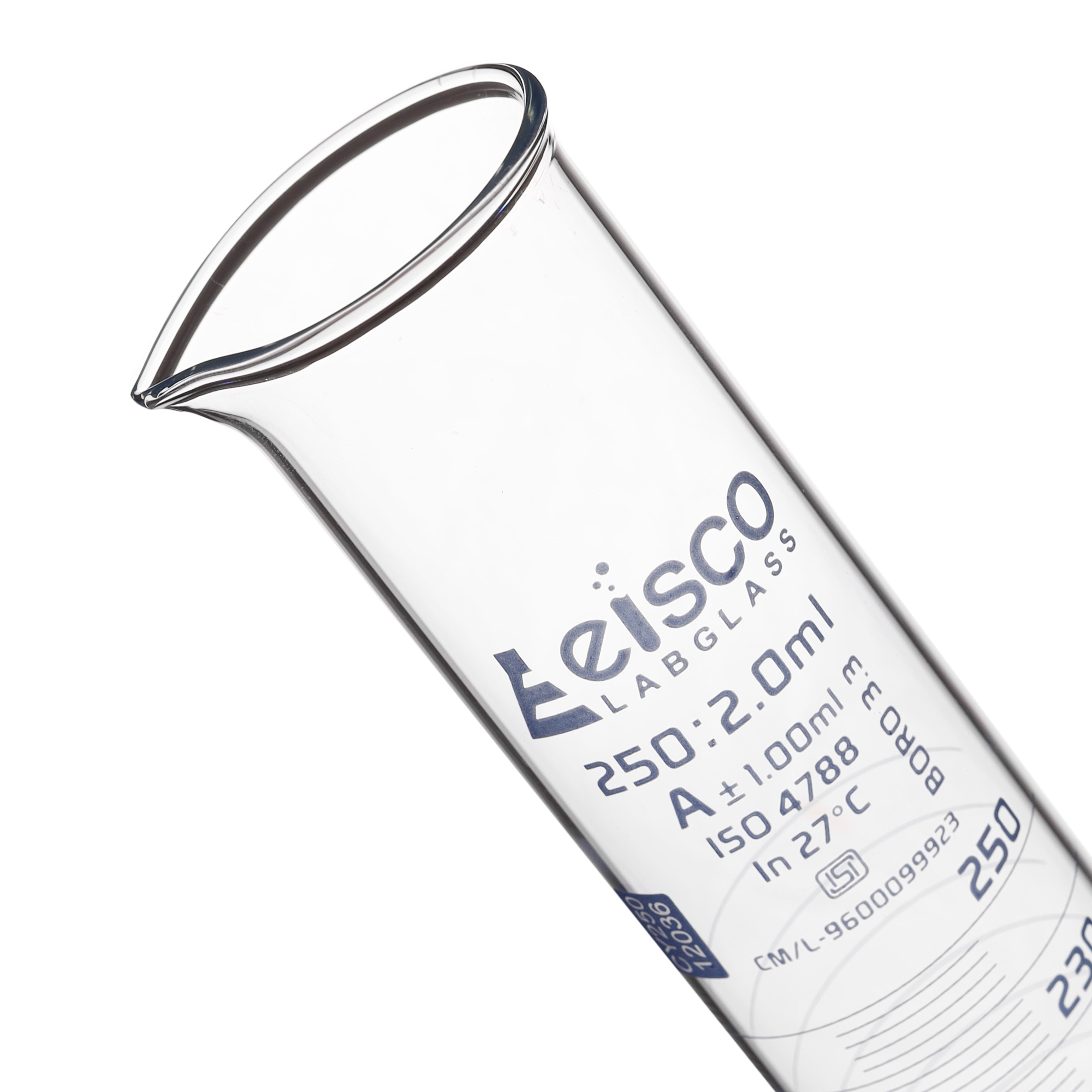 Cylinder Mixing Graduated, cap. 250ml., class 'A', glass hex. base, complete with interchangeable Glass stopper, borosilicate glass, White Graduation ISI