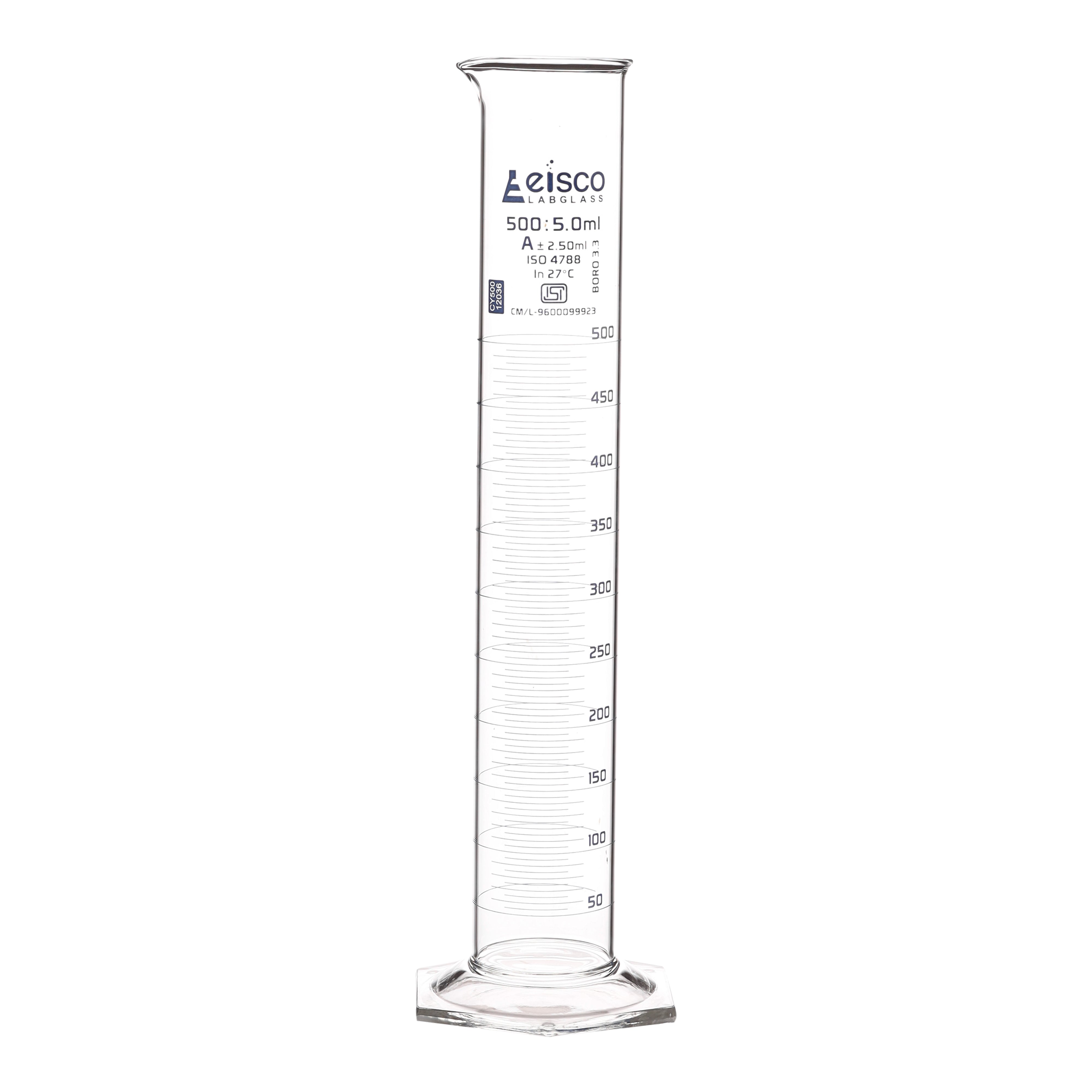 Cylinder Mixing Graduated, cap. 500ml., class 'A', glass hex. base, complete with interchangeable Glass stopper, borosilicate glass, Blue Graduation ISI