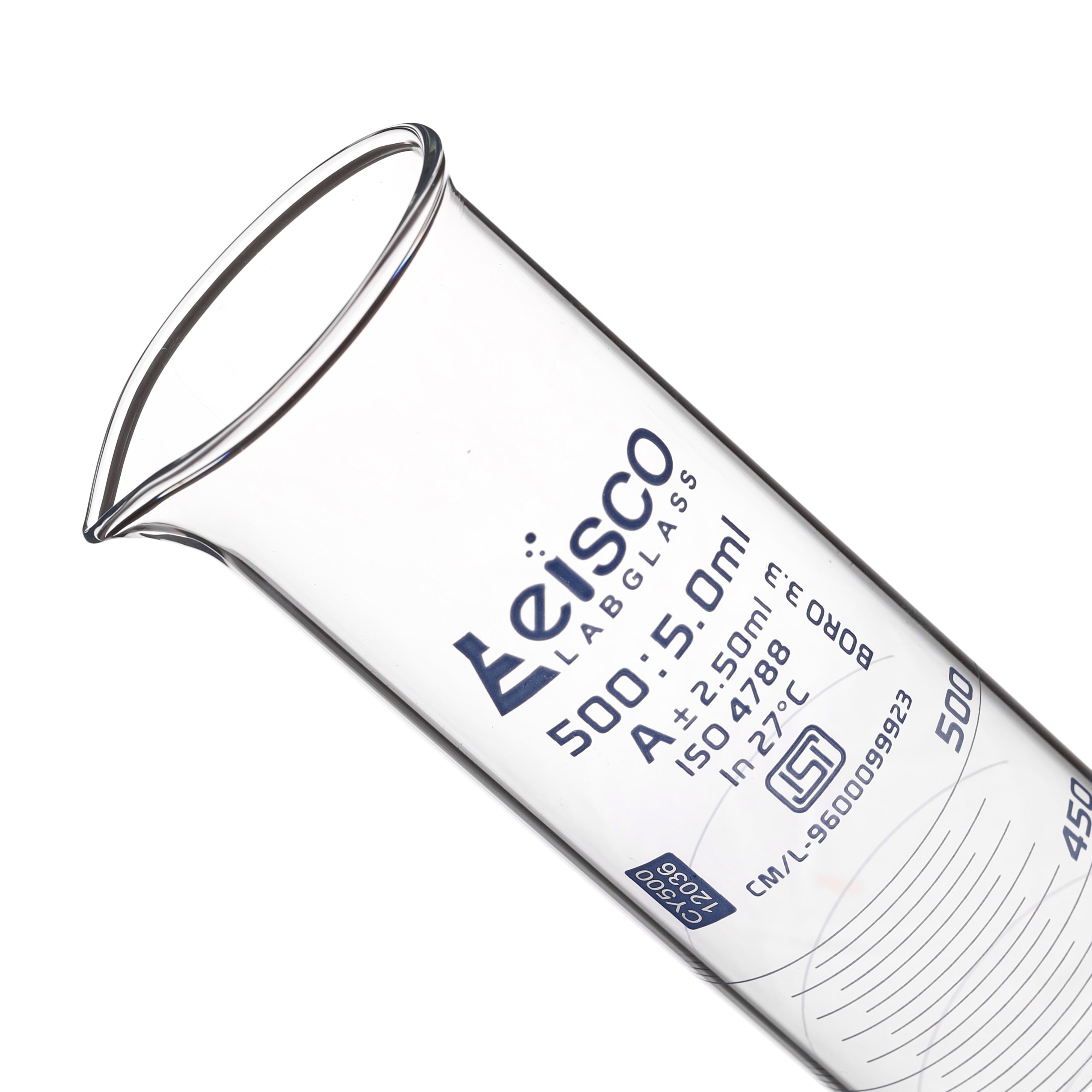 Cylinder Mixing Graduated, cap. 500ml., class 'A', glass hex. base, complete with interchangeable Glass stopper, borosilicate glass, Blue Graduation ISI