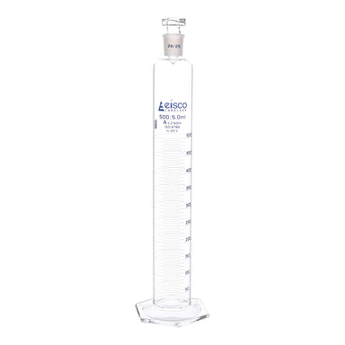 Cylinder Mixing Graduated, cap. 500ml., class 'A', glass hex. base, complete with interchangeable Glass stopper, borosilicate glass, Blue Graduation - eiscoindustrial