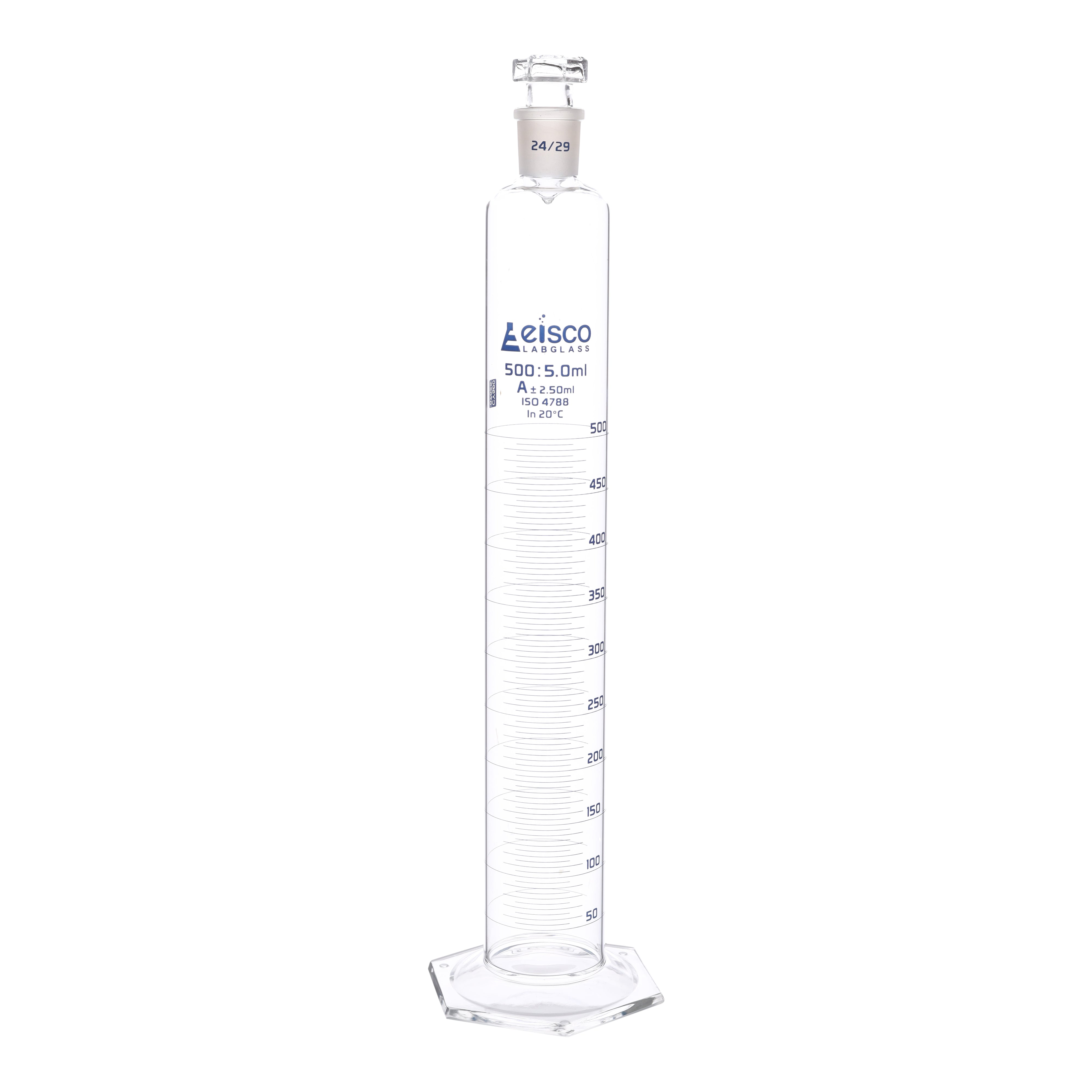 Cylinder Mixing Graduated, cap. 500ml., class 'A', glass hex. base, complete with interchangeable Glass stopper, borosilicate glass, Blue Graduation - eiscoindustrial