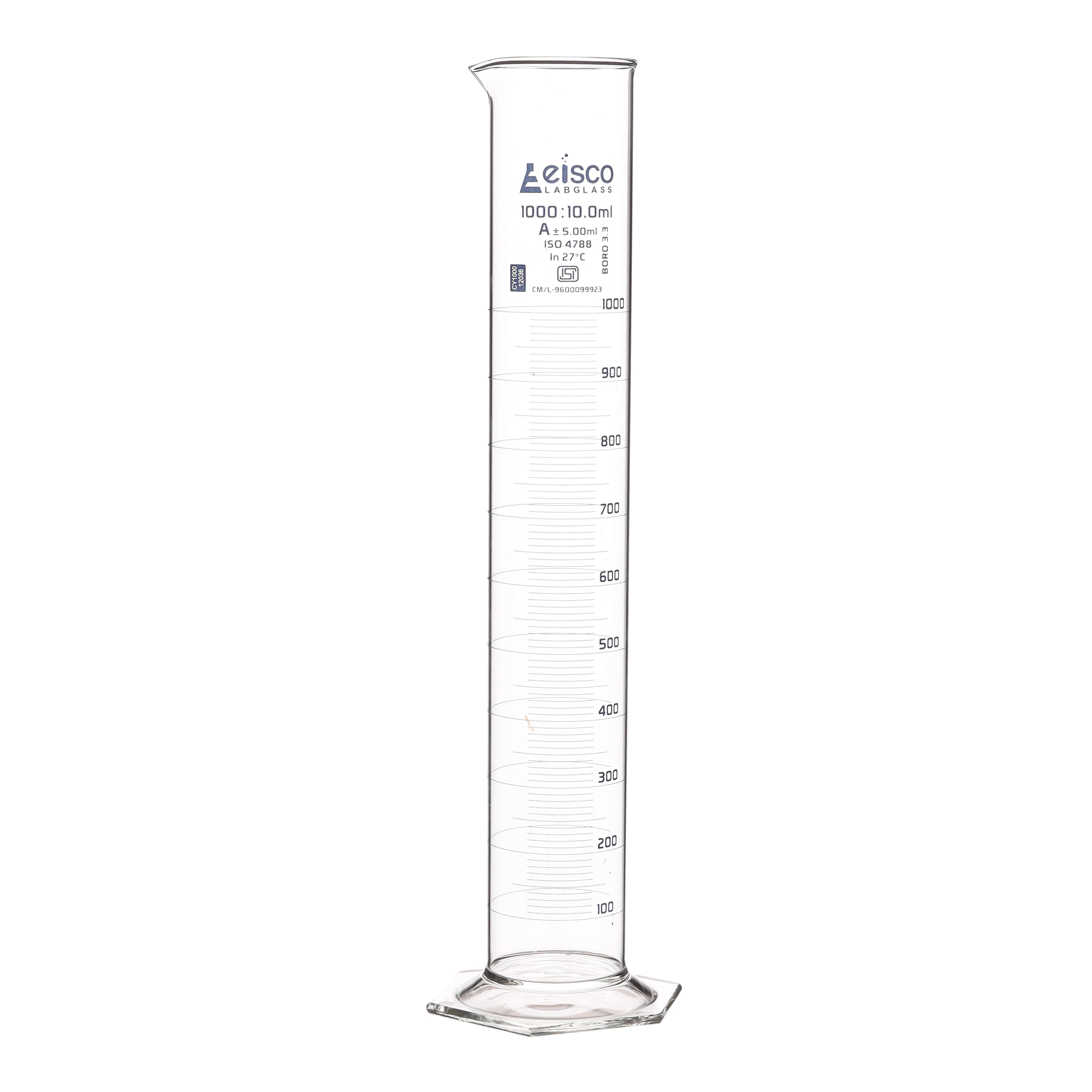 Cylinder Mixing Graduated, cap. 1000ml., class 'A', glass hex. base, complete with interchangeable Glass stopper, borosilicate glass, Blue Graduation ISI