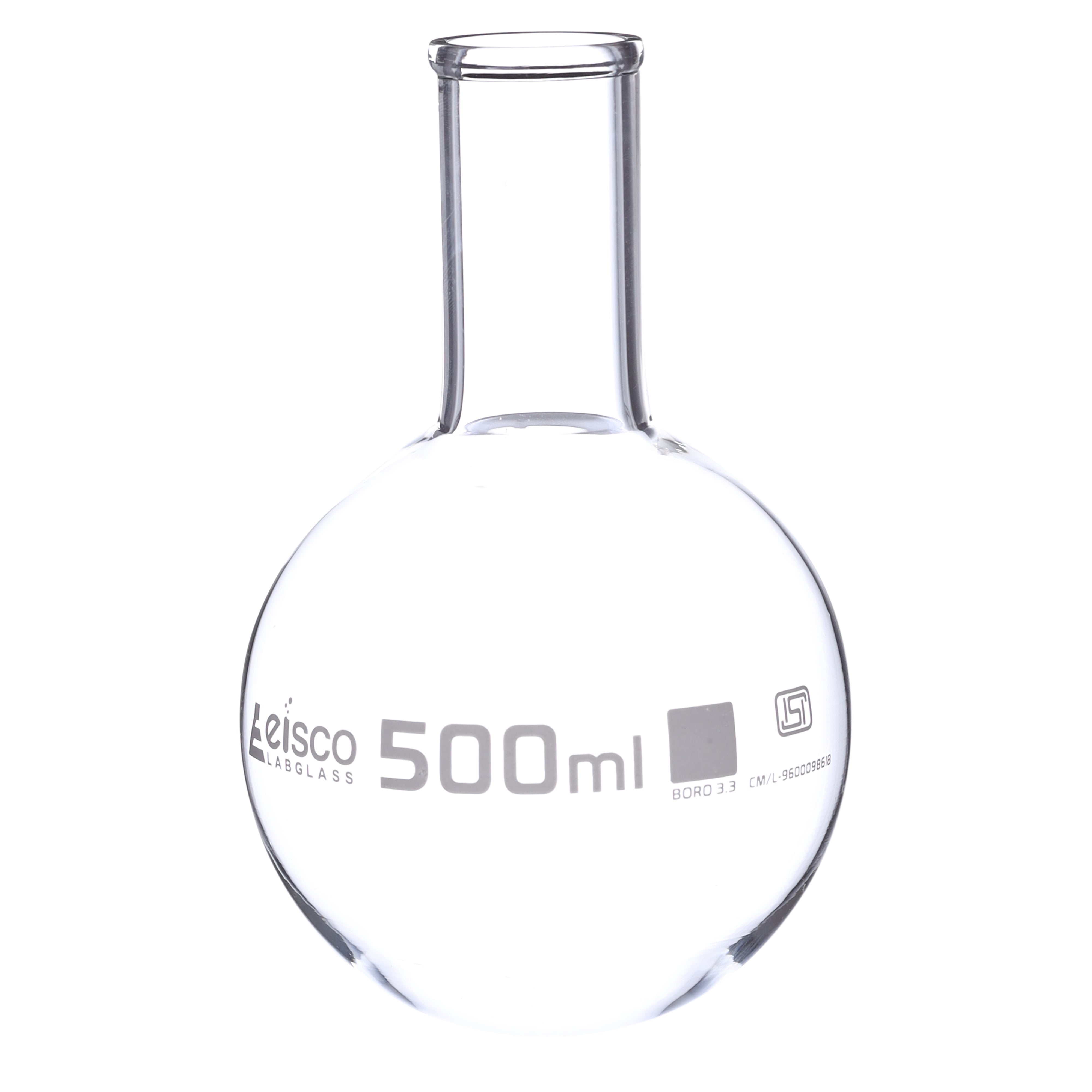 Flask Boiling 500ml, round bottom, narrow neck, borosilicate glass ISI