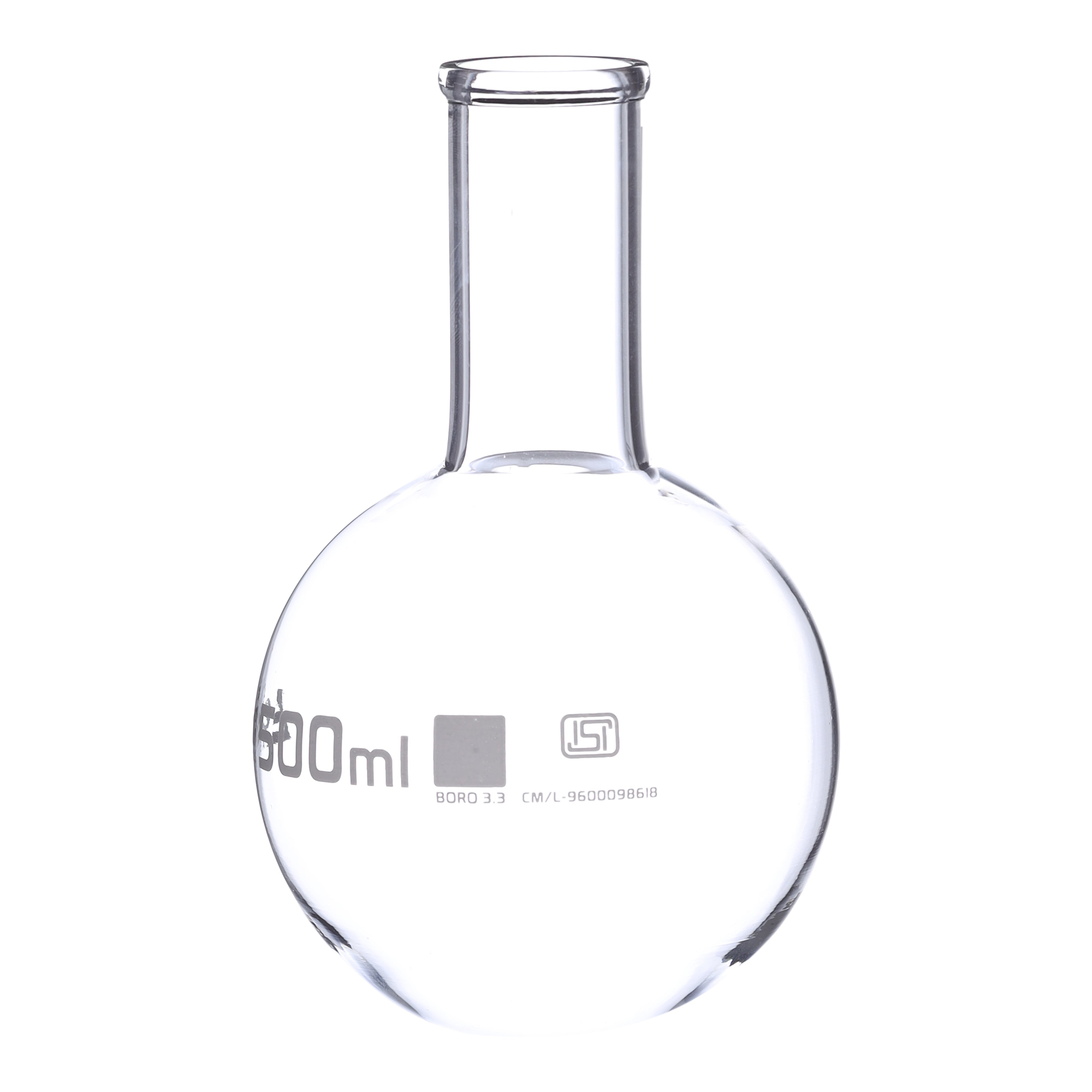 Flask Boiling 500ml, round bottom, narrow neck, borosilicate glass ISI